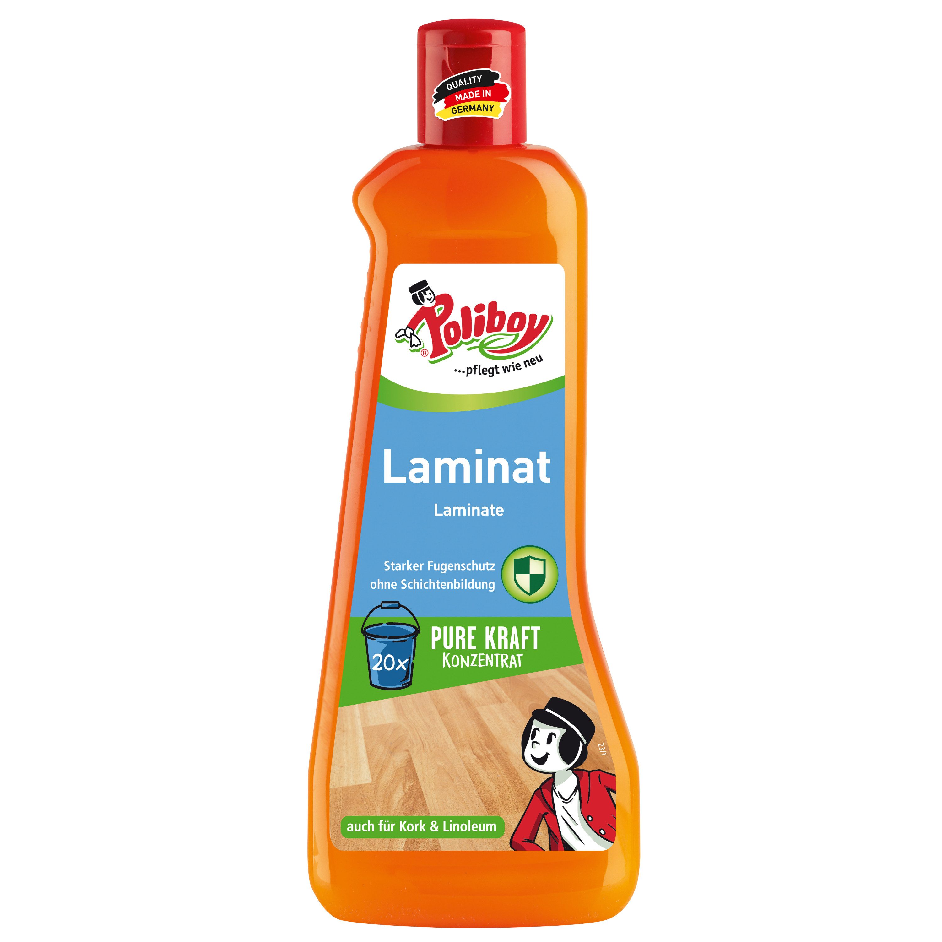 poliboy Laminat Pflege Konzentrat mit Orangenöl - 500 ml Laminatreiniger (auch für Kork und Linoleum - Kraftvoll/Streifenfrei - Made in Germany)