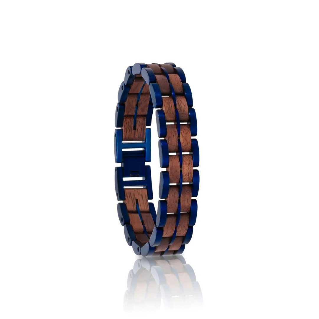 Holzkern Armband Kanon Walnussholz Blau Edelstahl 14 mm