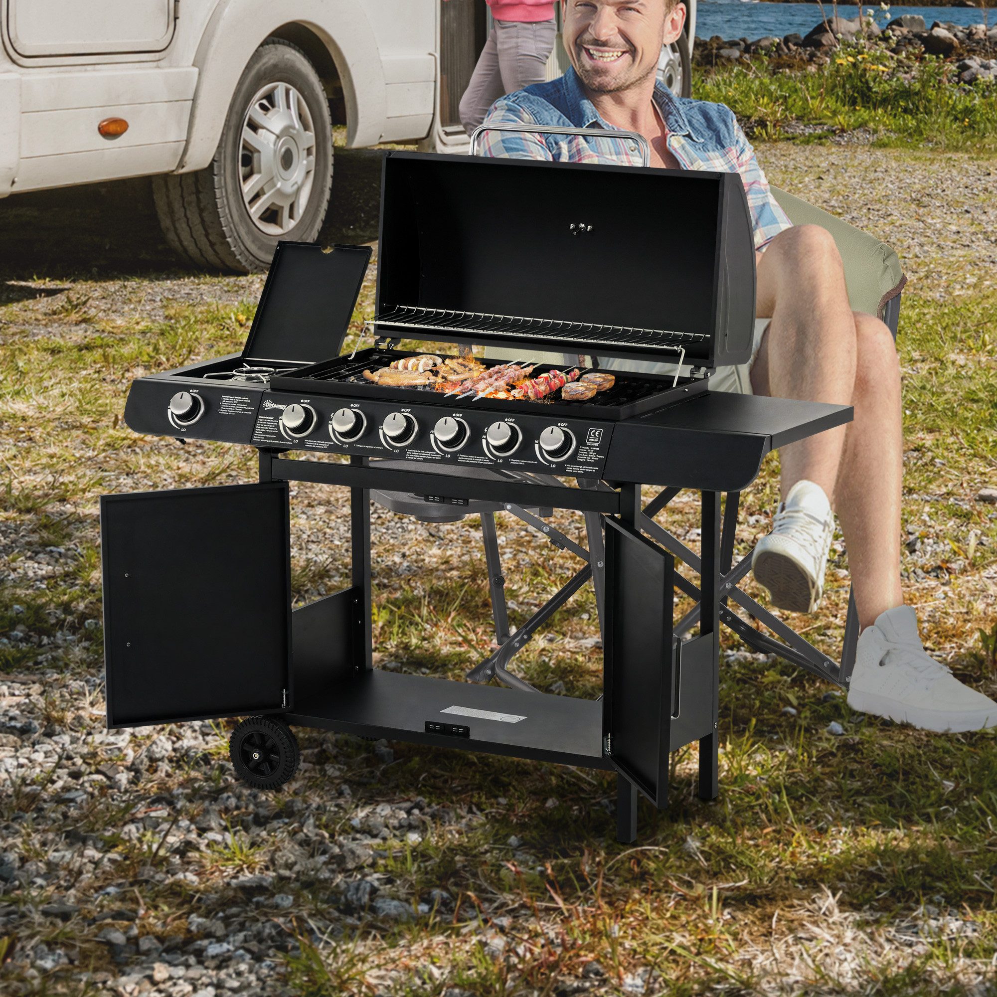 Outsunny Gasgrill BBQ Gartengrill inkl 7 Edelstahl-Brenner, Seitenkocher Deckel, Gasgrill, Grillwagen, Metall Schwarz 50T x 135B x 100H cm