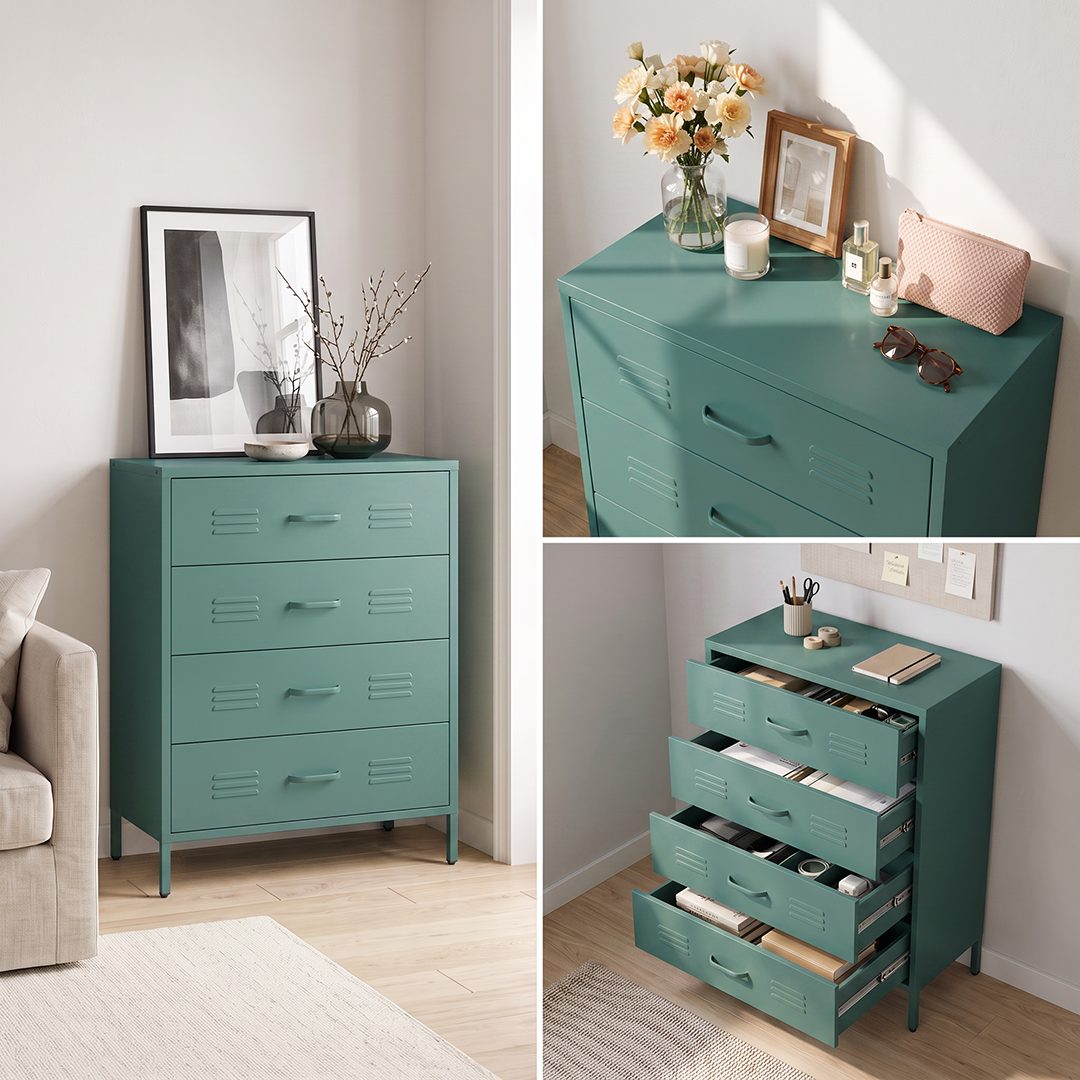 skølm Kommode Atria aus Metall (Dunkelgrün), Sideboard mit 4 Schubladen, Metallschrank mit höhenverstellbaren Füßen – Bild 5 von 5