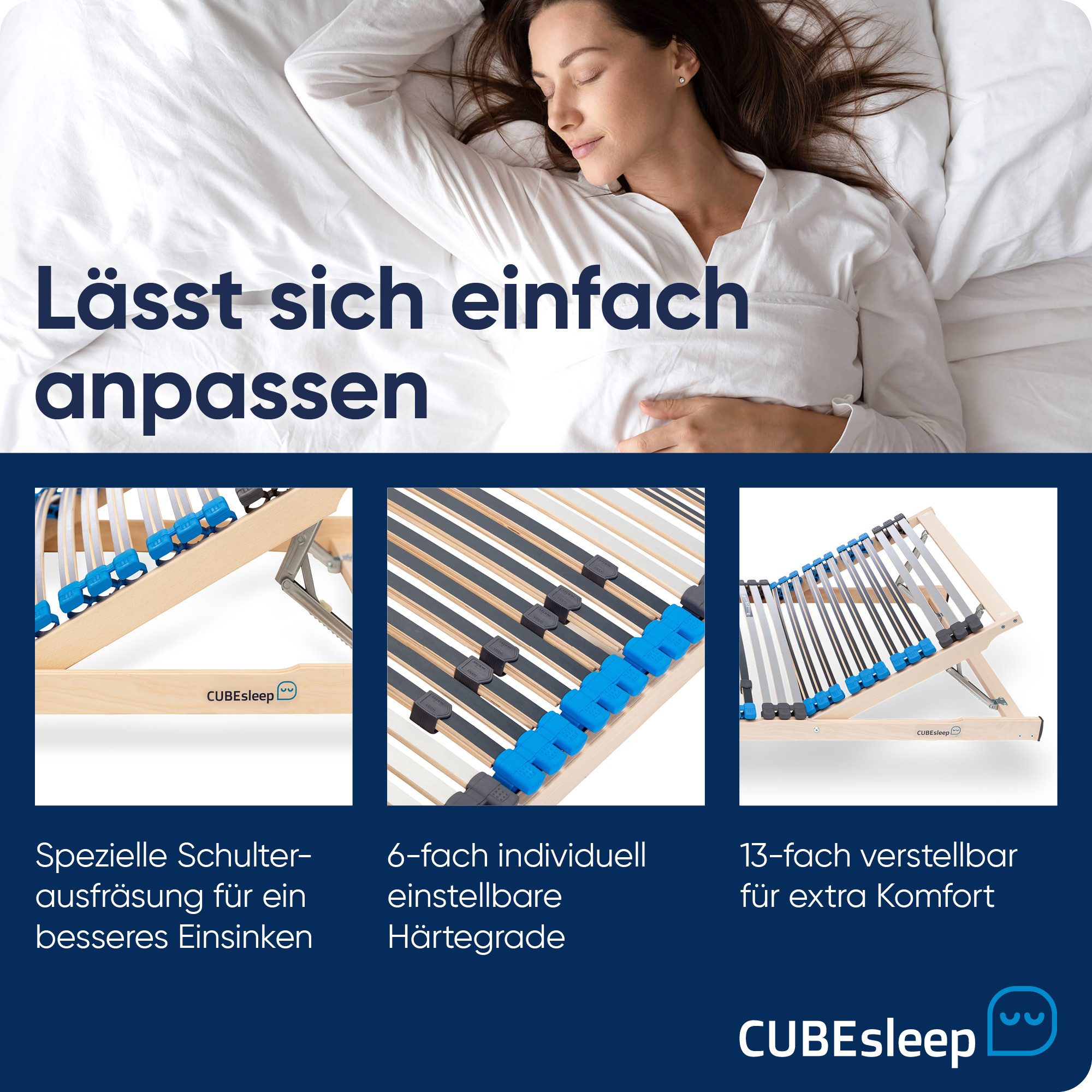 Lattenrost Pure Eco, CUBEsleep, Kopfteil verstellbar, Härteregulierung, Schulterfräsung, fertig montiert, 10 Jahre Garantie