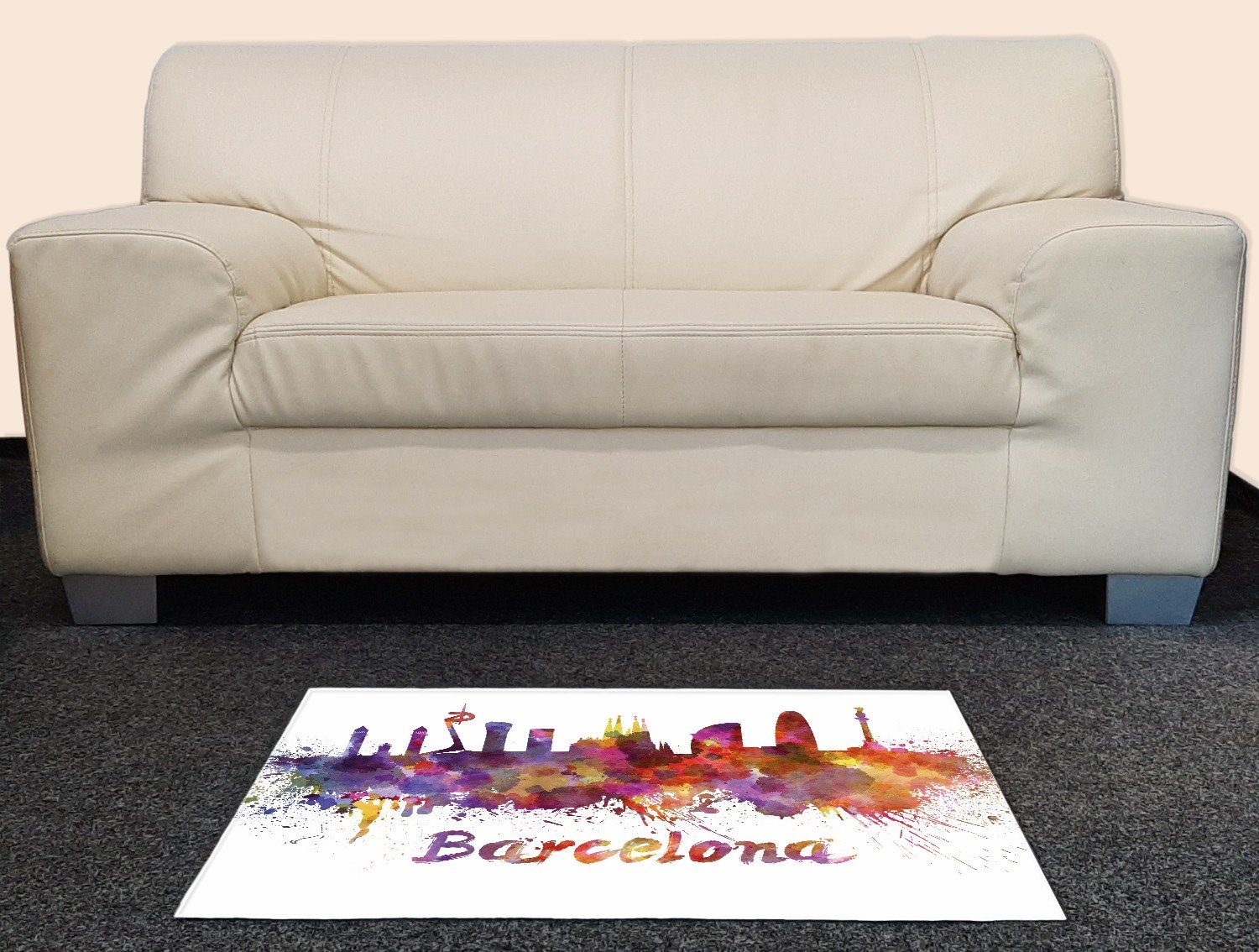 Wallario Teppich Städte als Aquarell - Skyline von Barcelona, rechteckig, rutschfest