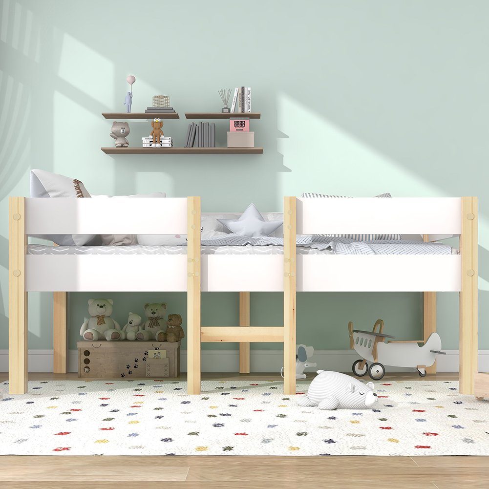 Hochbett (Kinderbett Einzelbett) inklusive Rausfallschutz, Lattenrost und Holzleiter, Kiefer, 90x190cm