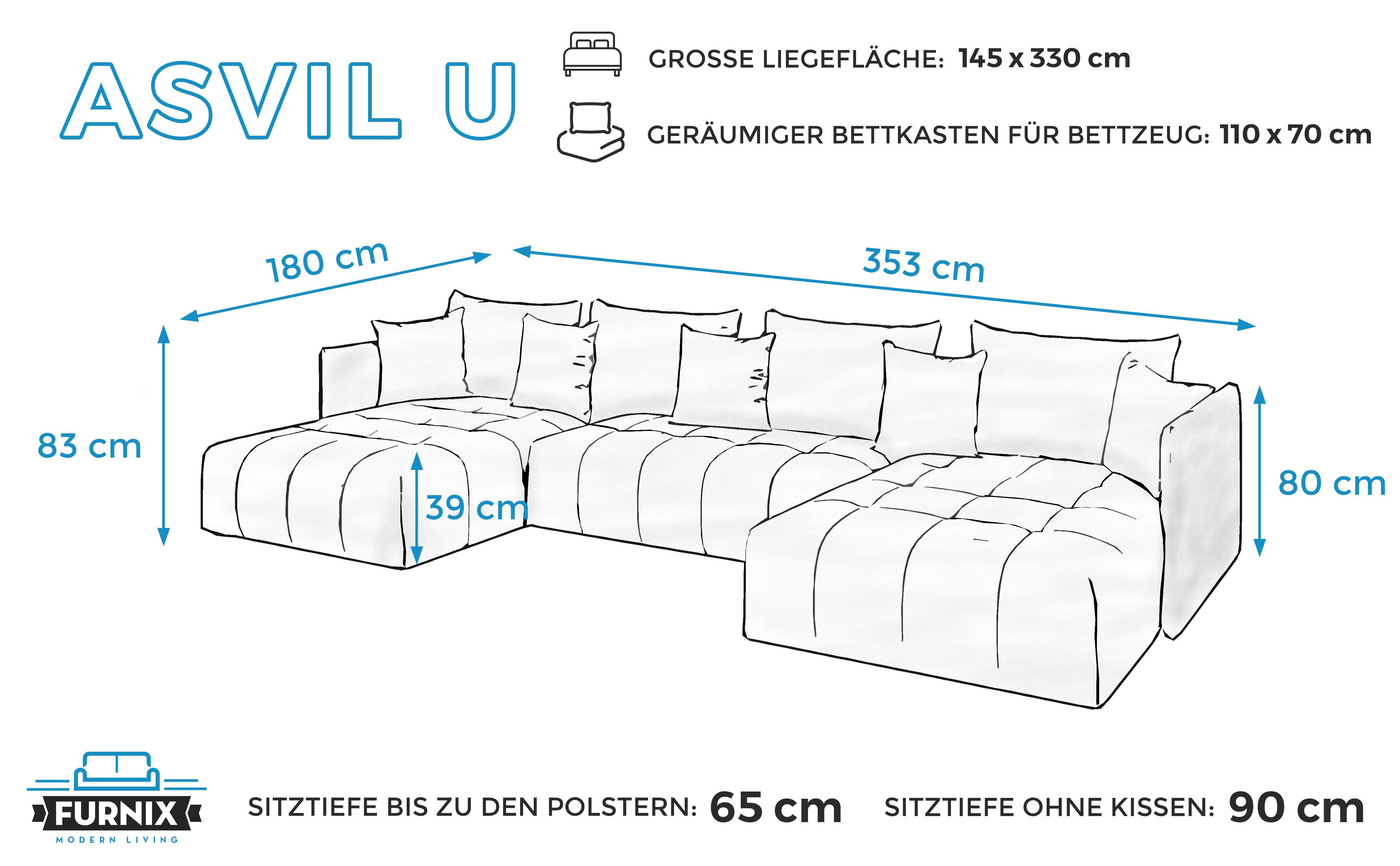 Schlaffunktion Furnix in B353 MH37 Europe und U-Form-Sofa Made Grün Ecksofa H80 Bettkasten, x ASVIL cm, x mit Farbauswahl, T180