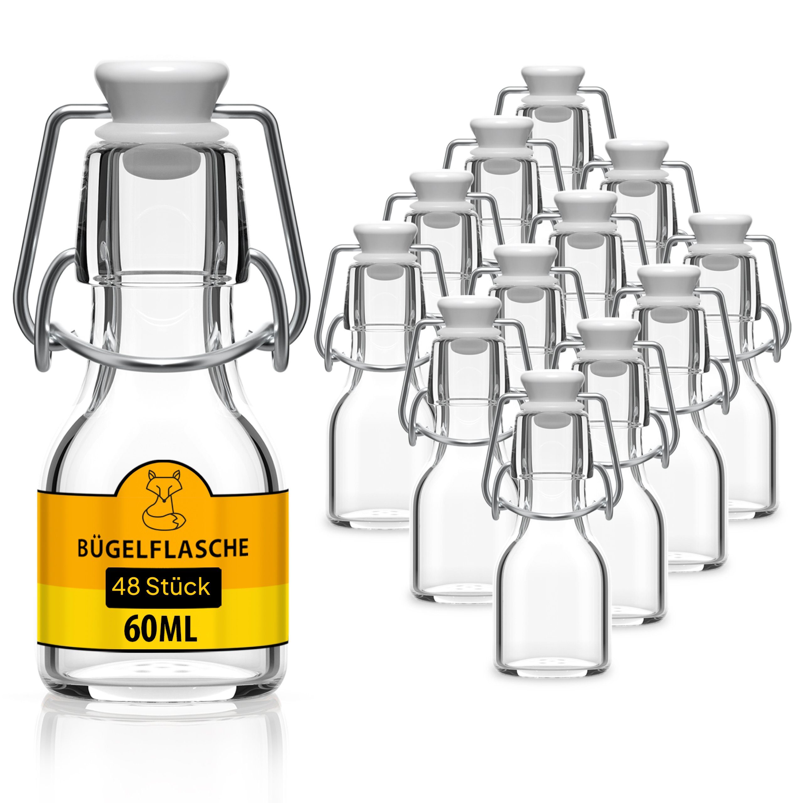 Befüllen Vorratsglas Glas, (48er Bügelverschluss Likörflaschen, Schnaps 60ml zum Set) Flaschen-Fuchs Flaschen