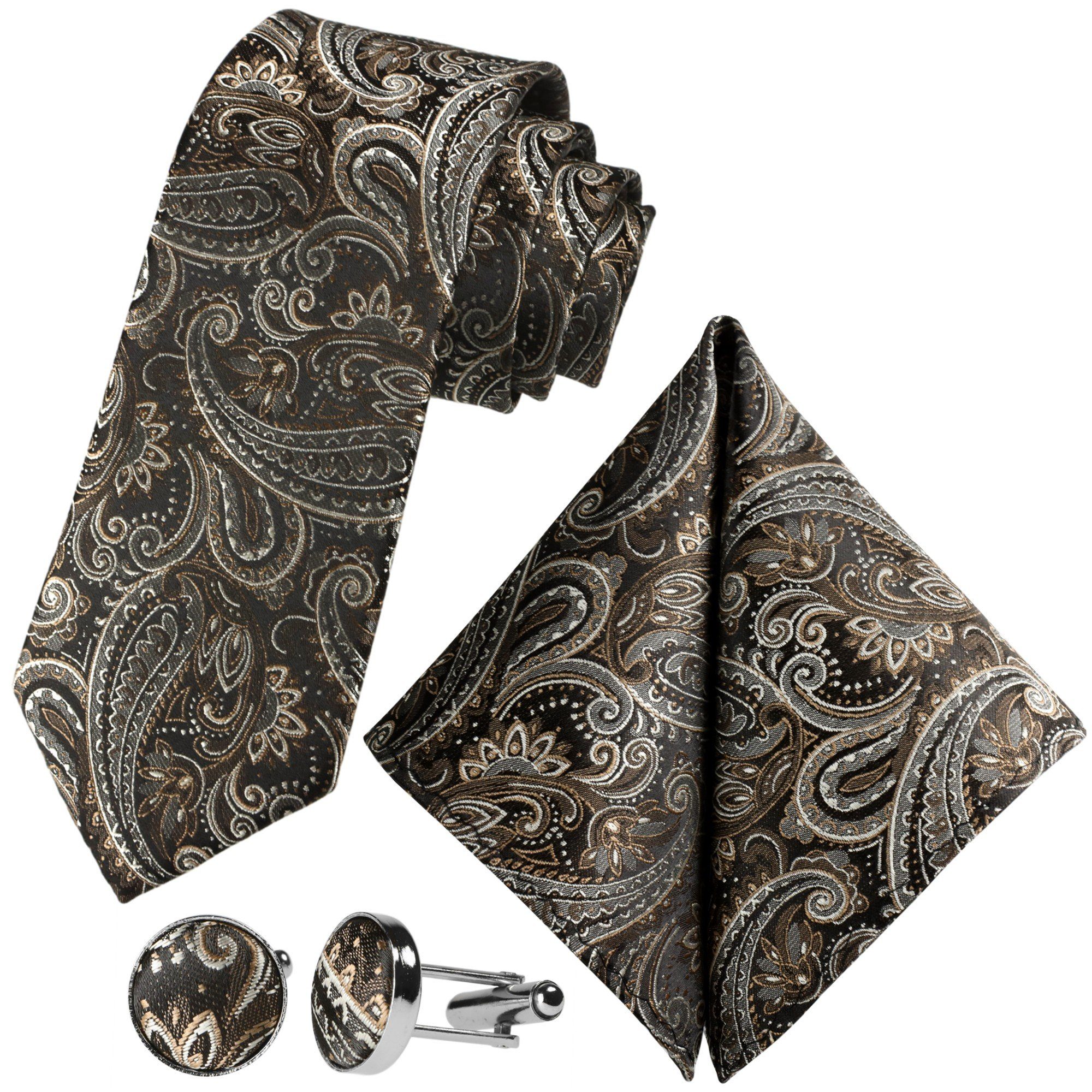 GASSANI Krawatte Hochzeitskrawatte Paisley Festlich, Herren-Krawatte Hochzeit Schlips (Set, 3-St., Krawattenset, Einstecktuch, Manschettenknöpfe) Dünn, Schmal, Slim Tie, Satin Jacquard Floral Gemustert, Seide-Touch