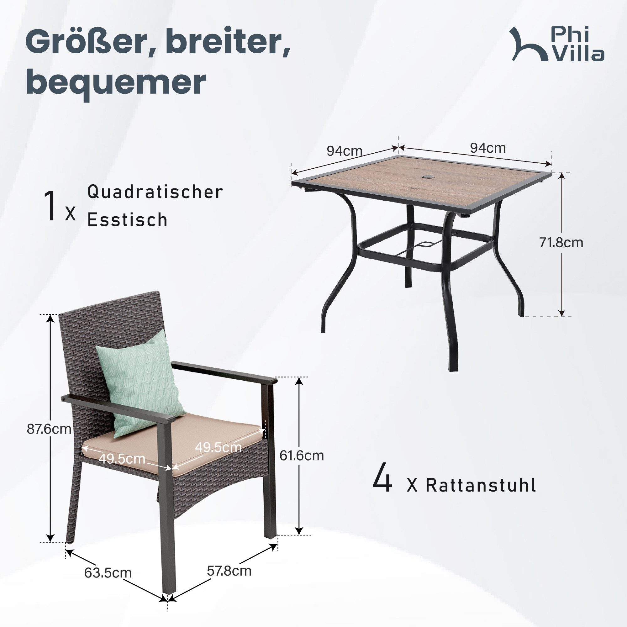 PHI VILLA Garten-Essgruppe, (94cm Quadratischer Gartentisch günstig online kaufen