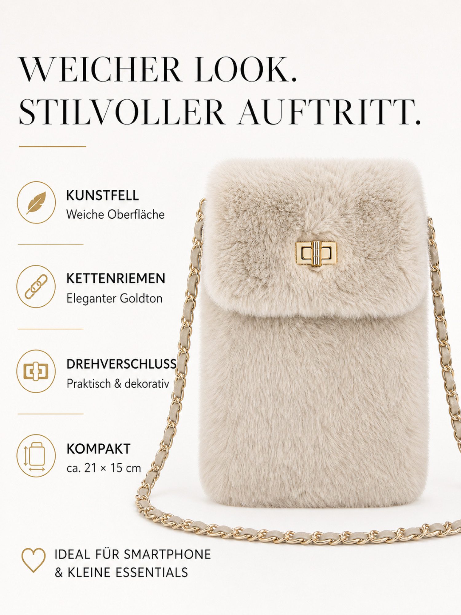 BRISE TASCHE Umhängetasche Mini Umhängetasche aus Kunstfell mit Kettenriemen, weiches Kunstfell, goldfarbener Kettenriemen, Drehverschluss