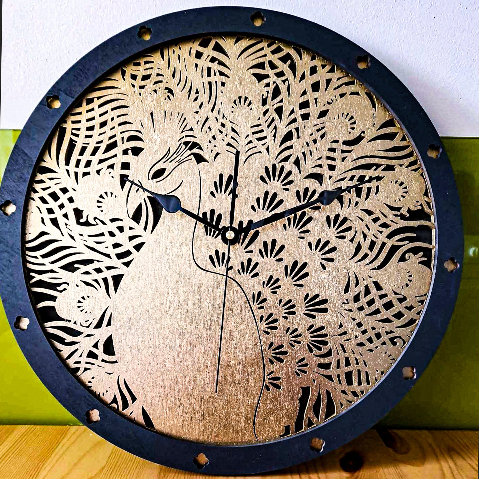 ORNAMENTI Wanduhr Pfau, Boho, Grosse, vintage, dekorative, hingucker Wanduhr, holz (Vogel, Handmade, retro, ohne Ticken, Wanddeko, 3 Größen 40, 50, 60 cm)