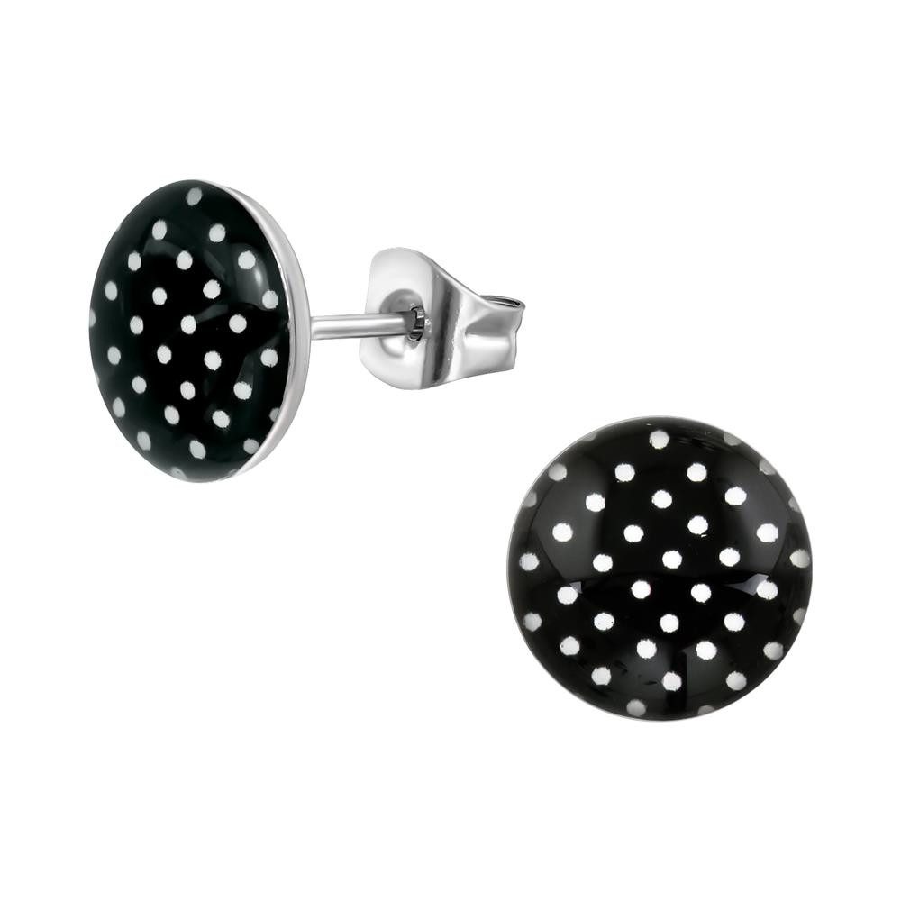 BUNGSA Ohrstecker-Set Ohrstecker R Schwarz weißen Punkten 10mm Rockabilly Edelstahl Unisex (1 Paar (2 Stück), 2-tlg), Ohrschmuck Ohrringe