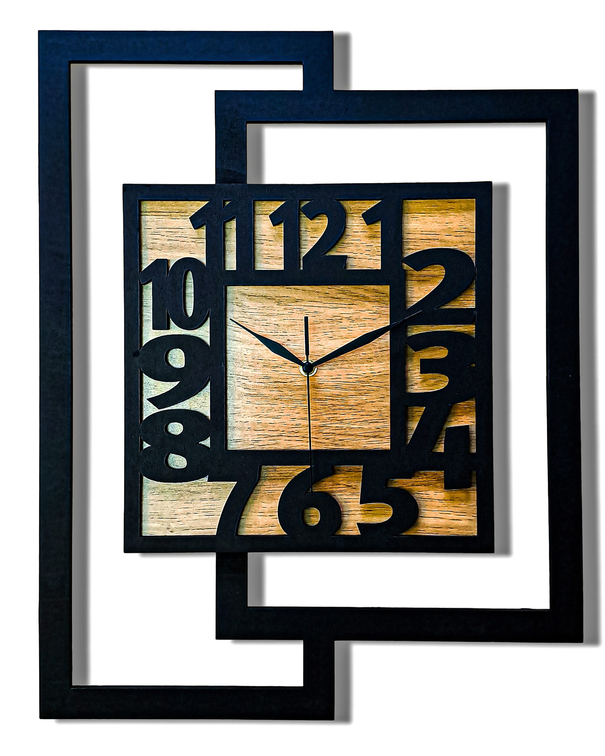 ORNAMENTI Wanduhr Große handgefertigte,moderne aus Holz, Hingucker,44 x 56 cm (Rechteckig vertikal, ohne Tickgeräusche für Wohnzimmer lesbare Ziffern)