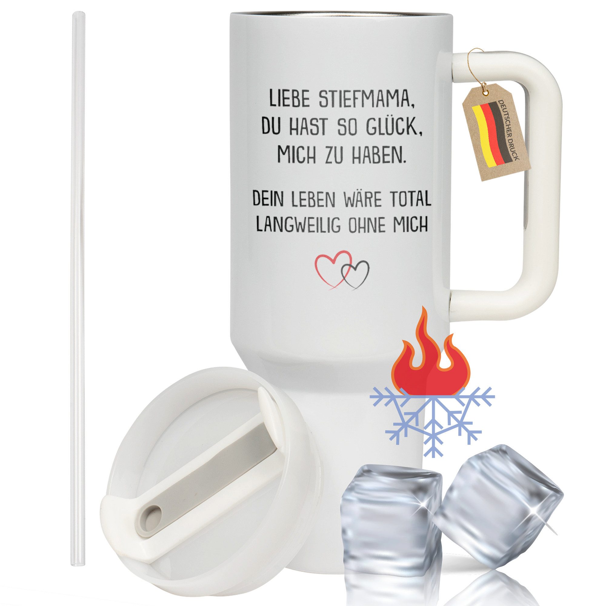 22Feels Thermobecher Geschenk Stiefmama XXL Thermobecher mit Spruch Geburtstag Muttertag, Edelstahl (Thermoisoliert), IN DEUTSCHLAND BEDRUCKT - Beidseitig Bedruckter To-Go Tumbler