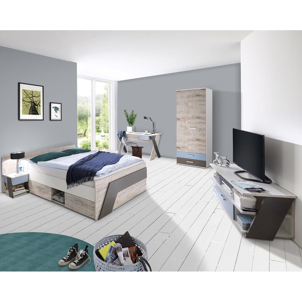 Lomadox Jugendzimmer-Set LEEDS-10, (Sparset, 5-tlg), weiß Sandeiche und Blau Lava Denim Nachbildung mit