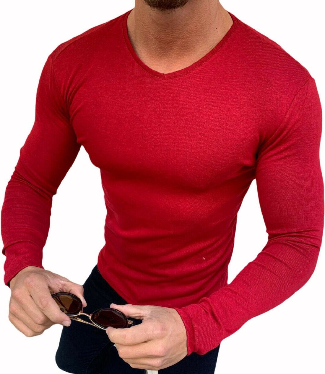 Sleeve Longsleeve Pullover Langarmshirt Herren Rot Langarmshirt Unifarben Sweatshirt Basic cofi1453 Long Langarm T-Shirt