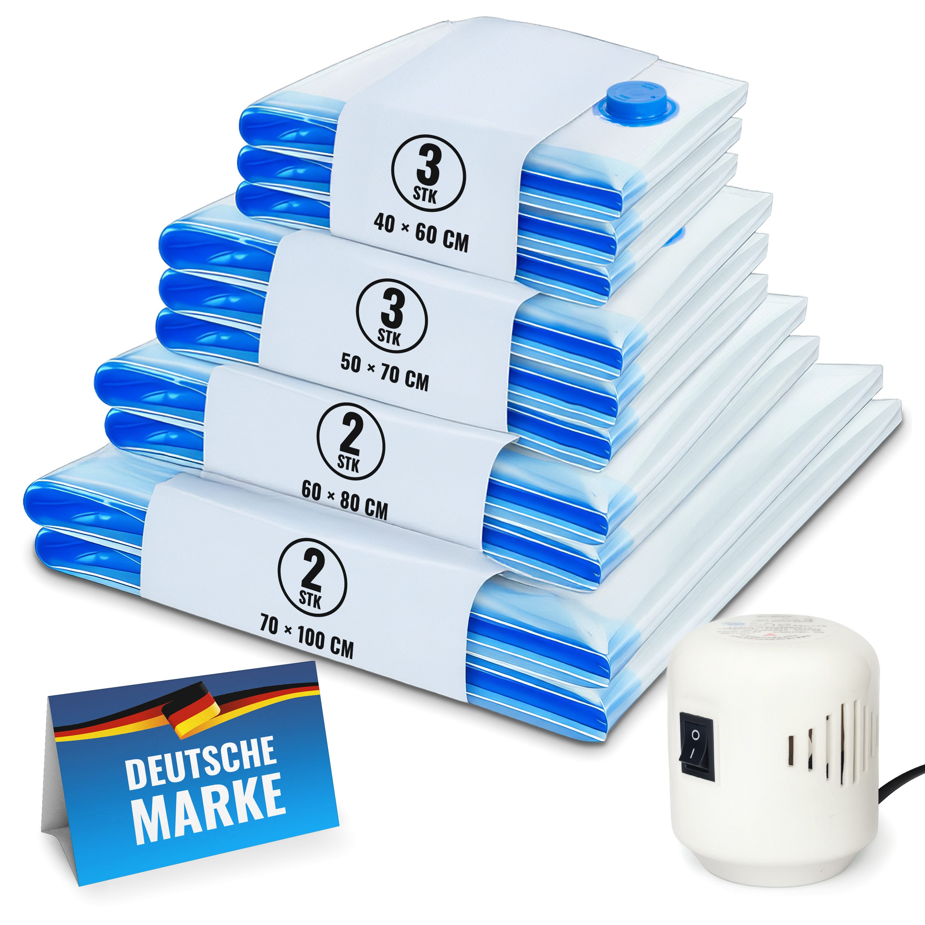 Allyson Vakuumbehälter Vakuumierbeutel für Kleidung Mit Pumpe – platzsparend & luftdicht, (Komplett-Set), 10 Stück Inkl. elektrischer Pumpe und 4 verschiedenen Beutelgrößen
