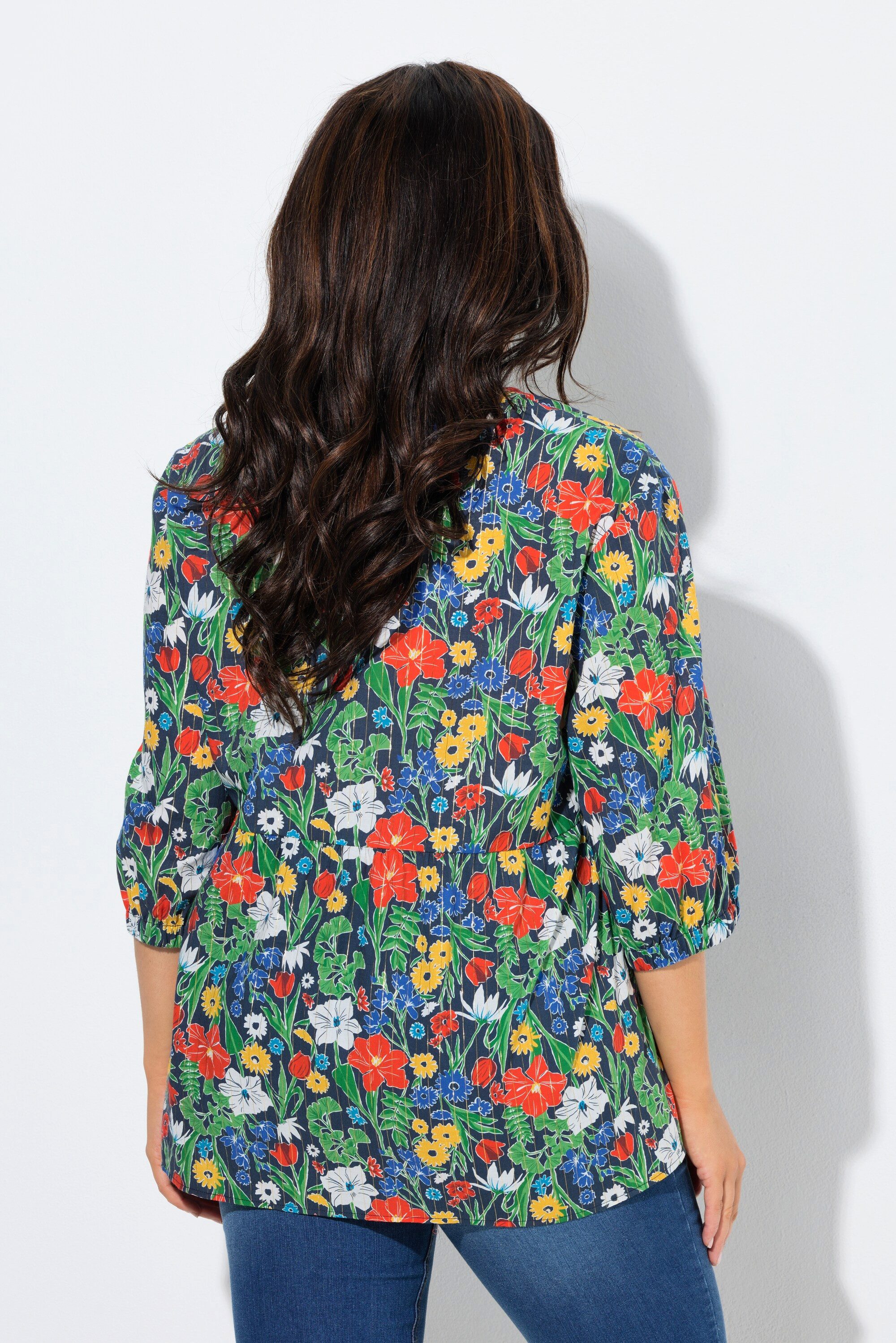 Ulla Popken Tunika Bluse Glitter Blüten A-Linie V-Ausschnitt 3/4-Arm