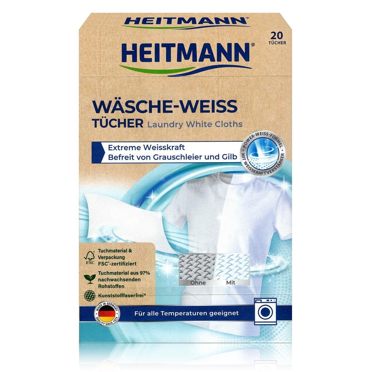 HEITMANN Textilfarbe Heitmann Wäsche Weiss Tücher (20 Tücher) - Kraftvolles Weiß (1er Pack)