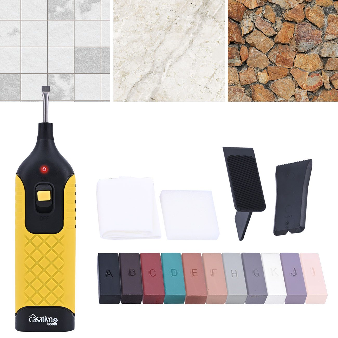 Casativo Reparatur-Set Fliesen-Reparaturset mit Wachsschmelzer & 11 Farben, Profi-Set, für Fliesen, Marmor & Steingut inkl. Batterien