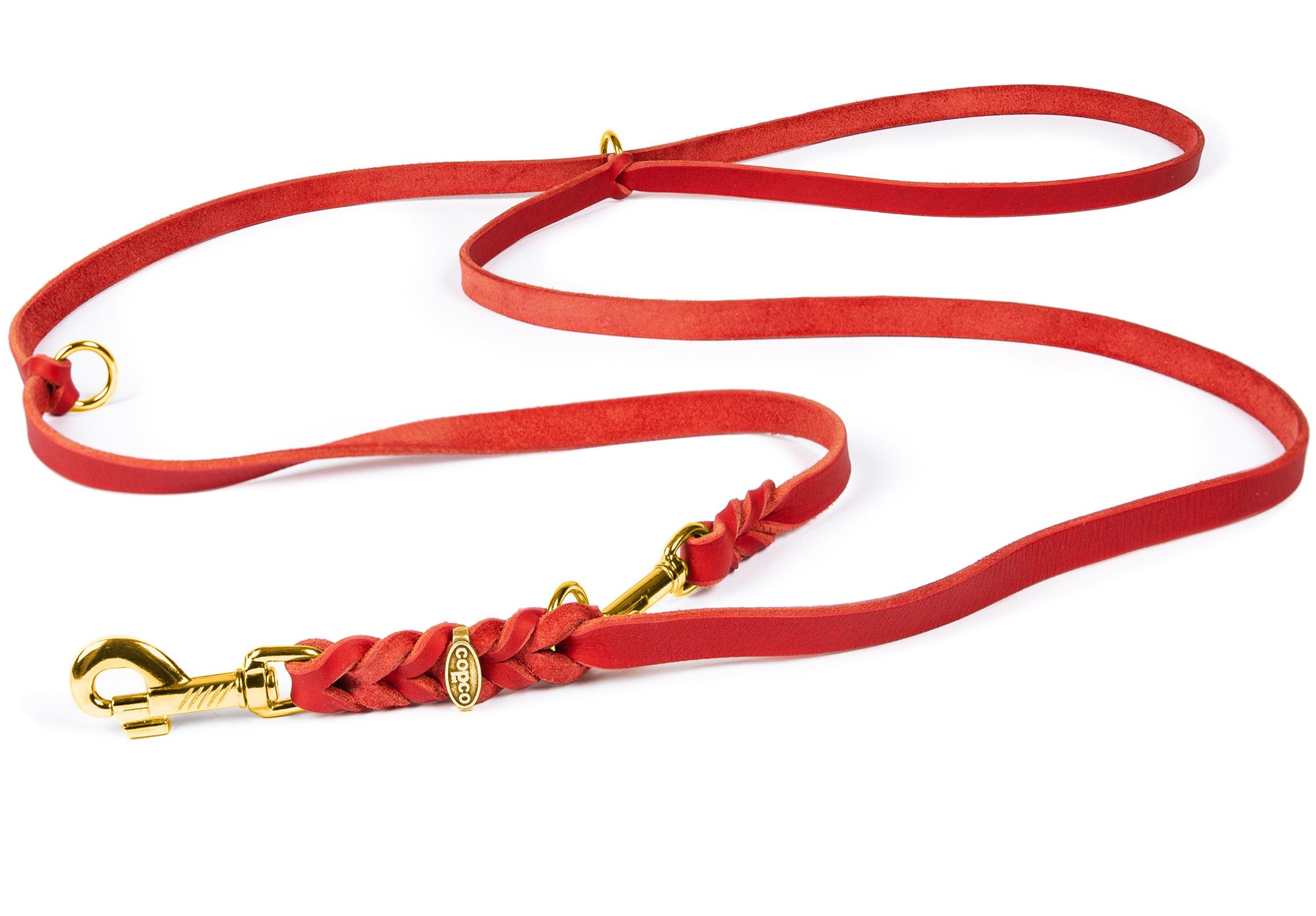 CopcoPet Hundeleine Fettlederleine Hundeleine geflochten dreifach verstellbar Messing, Leder