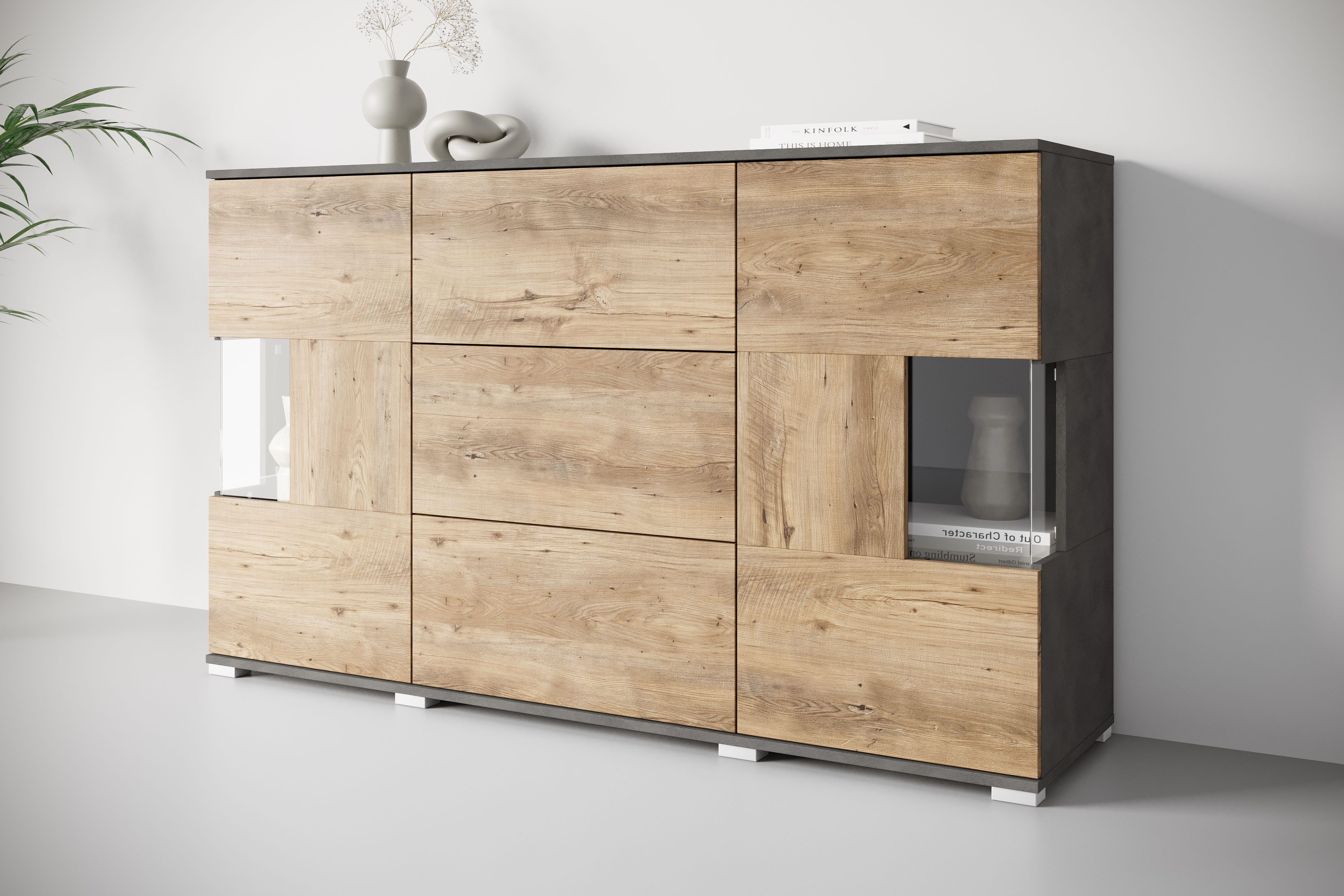 OTTO home Sideboard Kenia (1 St), Sideboard mit 3 Schubladen, 6 Fächern, Glastüren, Breite 150 cm