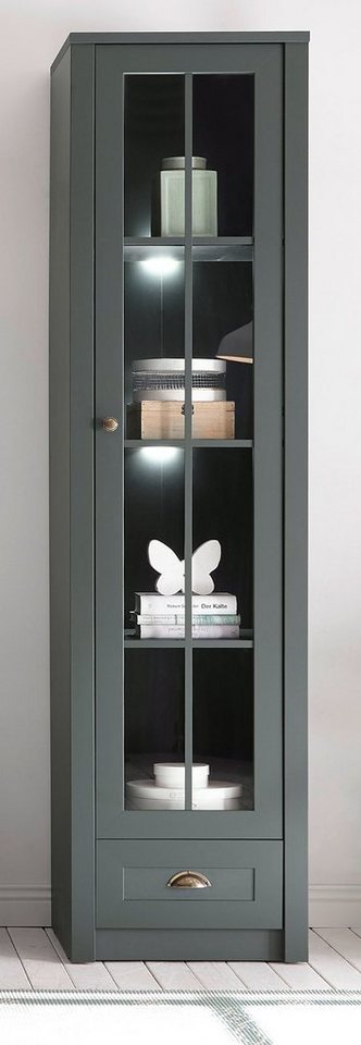 Furn.Design Standvitrine Forres (Vitrine in Landhaus grün, 50 x 197 cm) mit  viel Platz für Dekoration