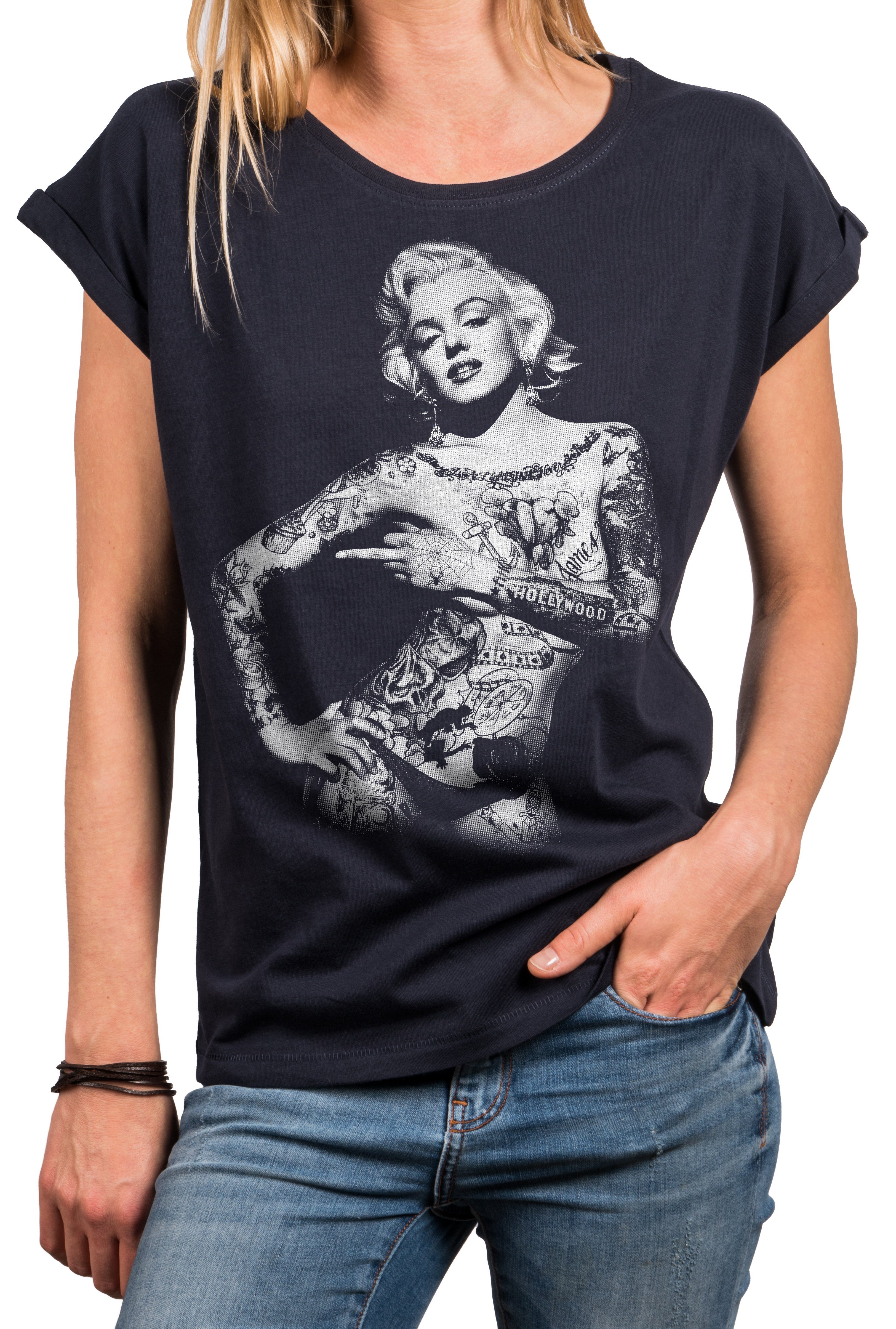 MAKAYA Print-Shirt Damen Lässig Sommer Motiv Blau) Größen Frech Rundhals, Vintage Cool Grau, Rock Top Baumwolle, große Tattoo Aufdruck (Kurzarm Schwarz