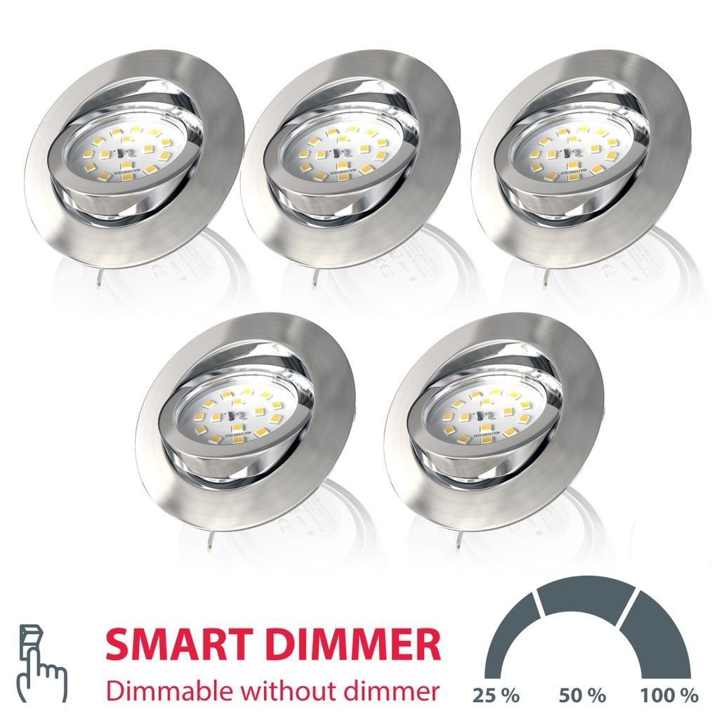 B.K.Licht LED Einbaustrahler Set 5x Einbauleuchten 82mm dimmbar 230V ultra-flach - BKL1074, Dimmfunktion, LED fest integriert, Warmweiß, 5 Spots 3000K Warmweiß 5,5W 470Lm Deckenausschnitt Ø68mm - Matt-Nickel