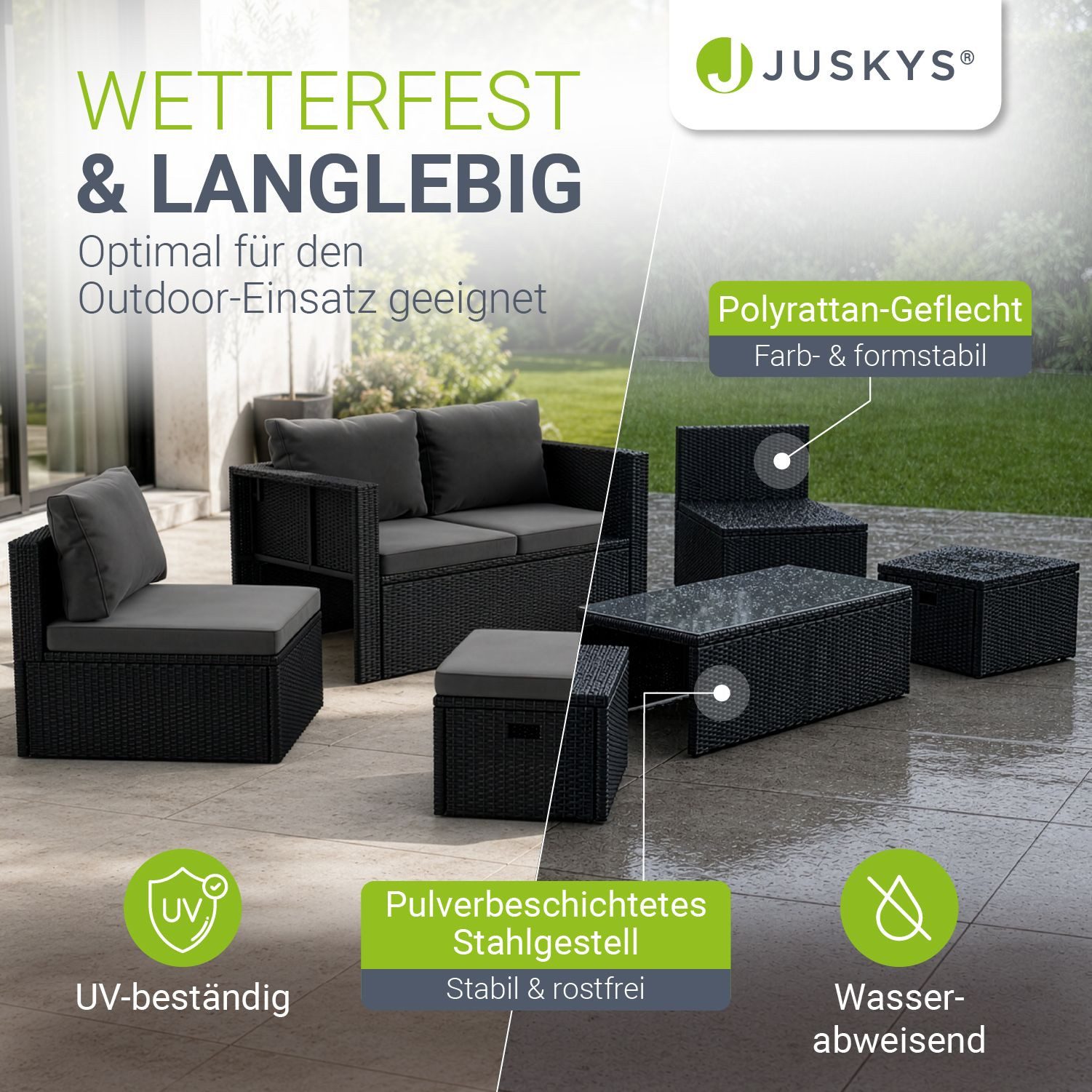 Juskys Gartenlounge-Set Salou, (6-tlg), für 6 Personen, Polyrattan, Glasplatte, wetterfest, mit Kissen