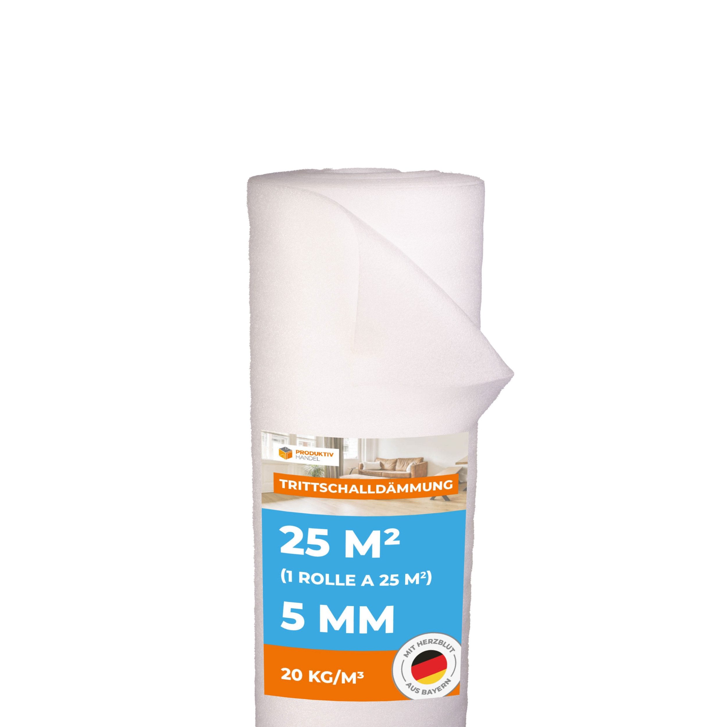 Produktiv Handel Trittschalldämmfolie Trittschalldämmung Profi Basic 5 mm, 5 mm Stärke, für Laminat und Parkett, (25 m², 1 Rolle á 25 m), für Fußbodenheizung geeignet