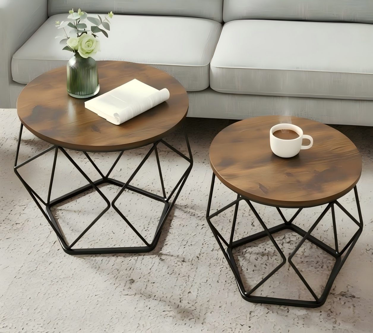 VASAGLE Couchtisch (2er Set), Beistelltisch, abnehmbare Tischplatte, Ø50x40cm+Ø40x36cm