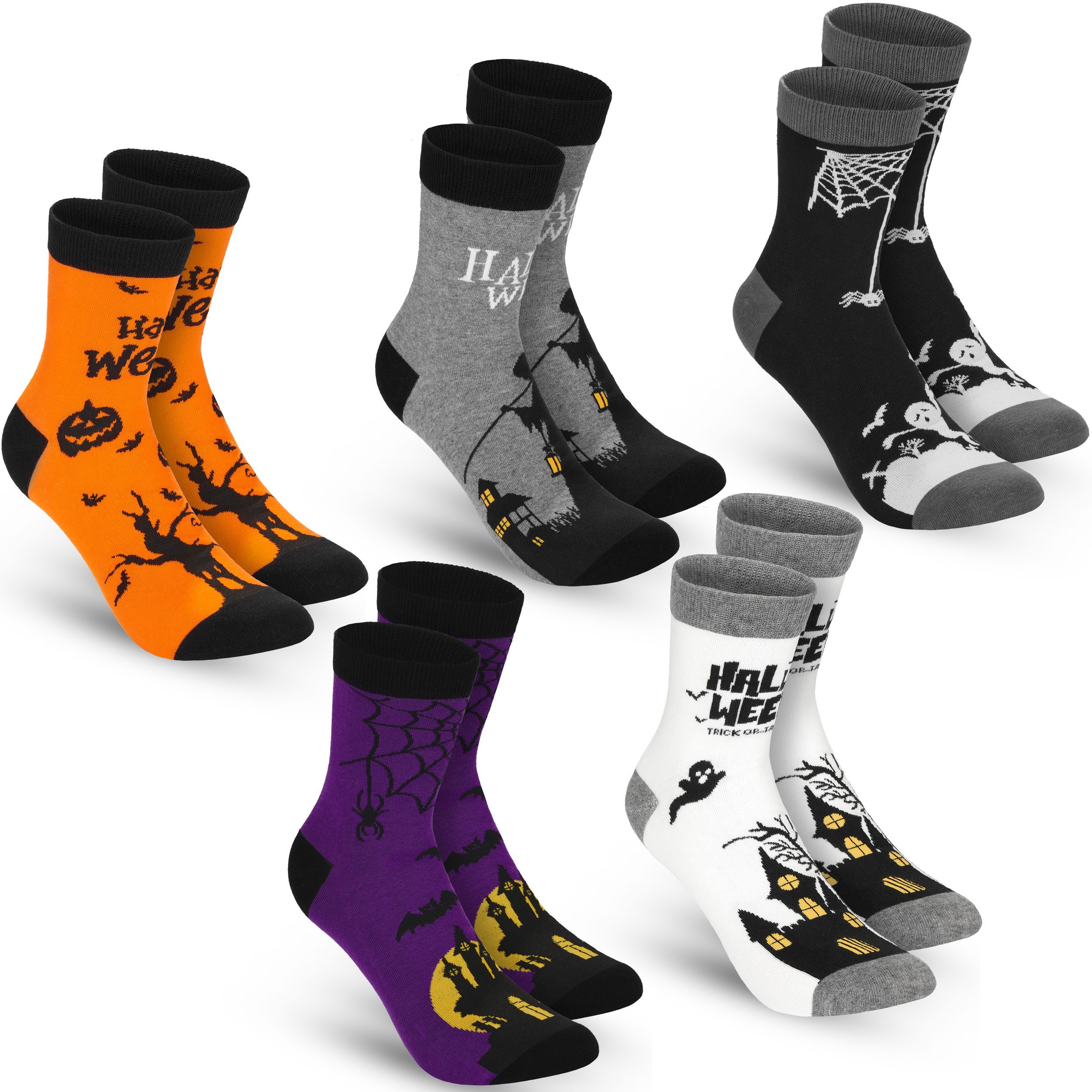 BRUBAKER Socken Halloween Sockenset - Lustige Baumwollsocken in Orange, Lila & Schwarz (5-Paar) Kürbis, Skelett & Gespenst - Bunte Herbstsocken für Damen & Herr – Bild 5 von 5