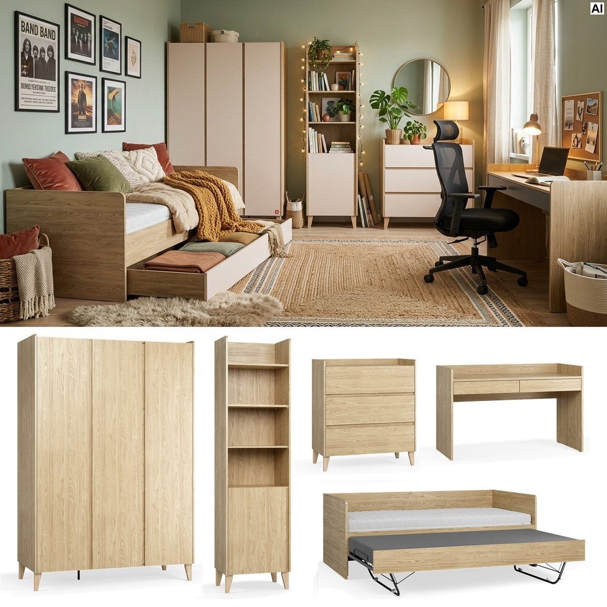 QMM TraumMöbel Jugendzimmer-Set komplett Milan Set B, (Set, 5-tlg., Schrank 3T, Standregal, Kommode, Schreibtisch, Bett 200x90), Bett in 3 Ausführungen