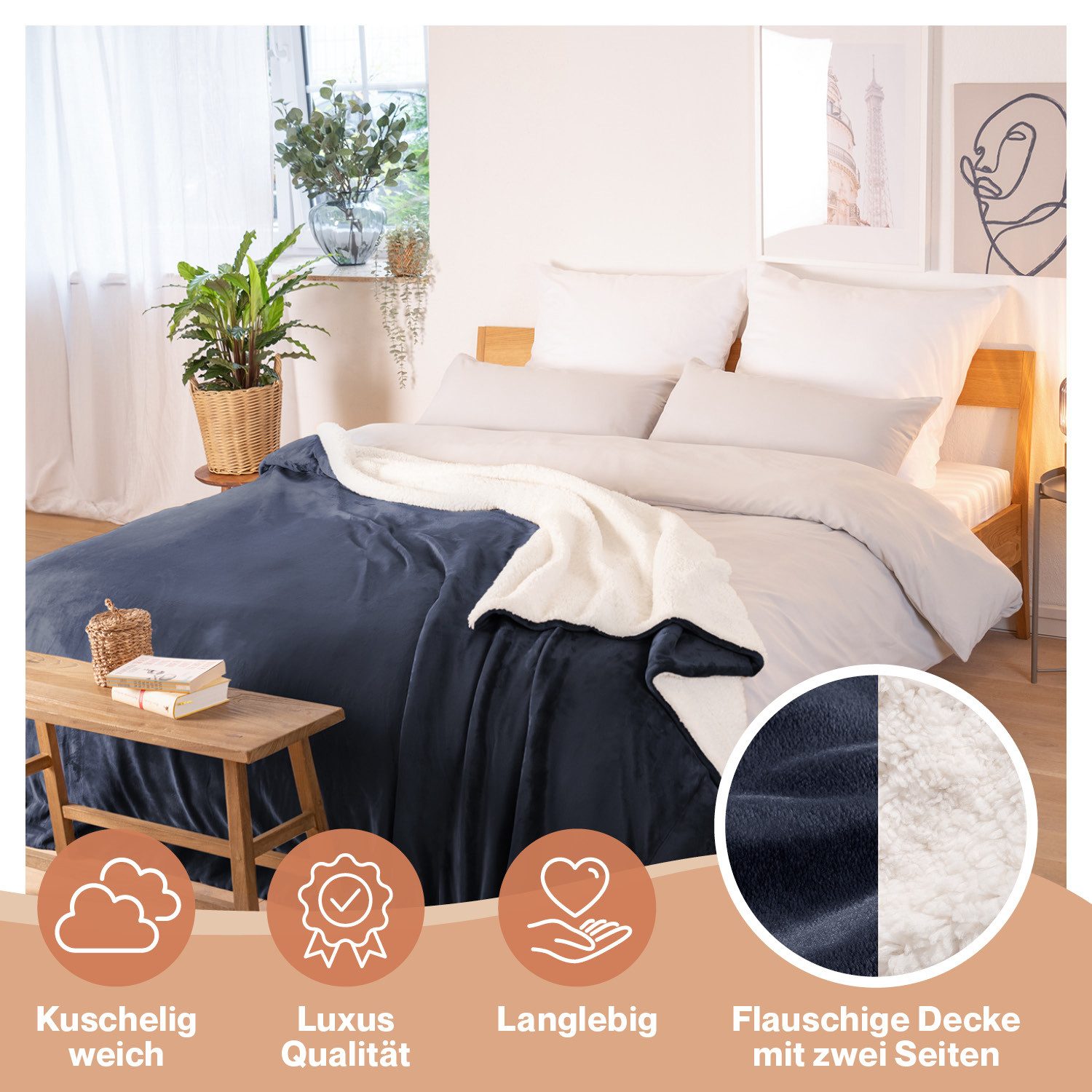 Wohndecke Premium Sherpa Kuscheldecke, Oeko-TEX Zertifiziert, Blumtal, Sofa Decke mit Dicker Sherpa-Innenseite, extra dick & wärmend – Bild 3 von 5