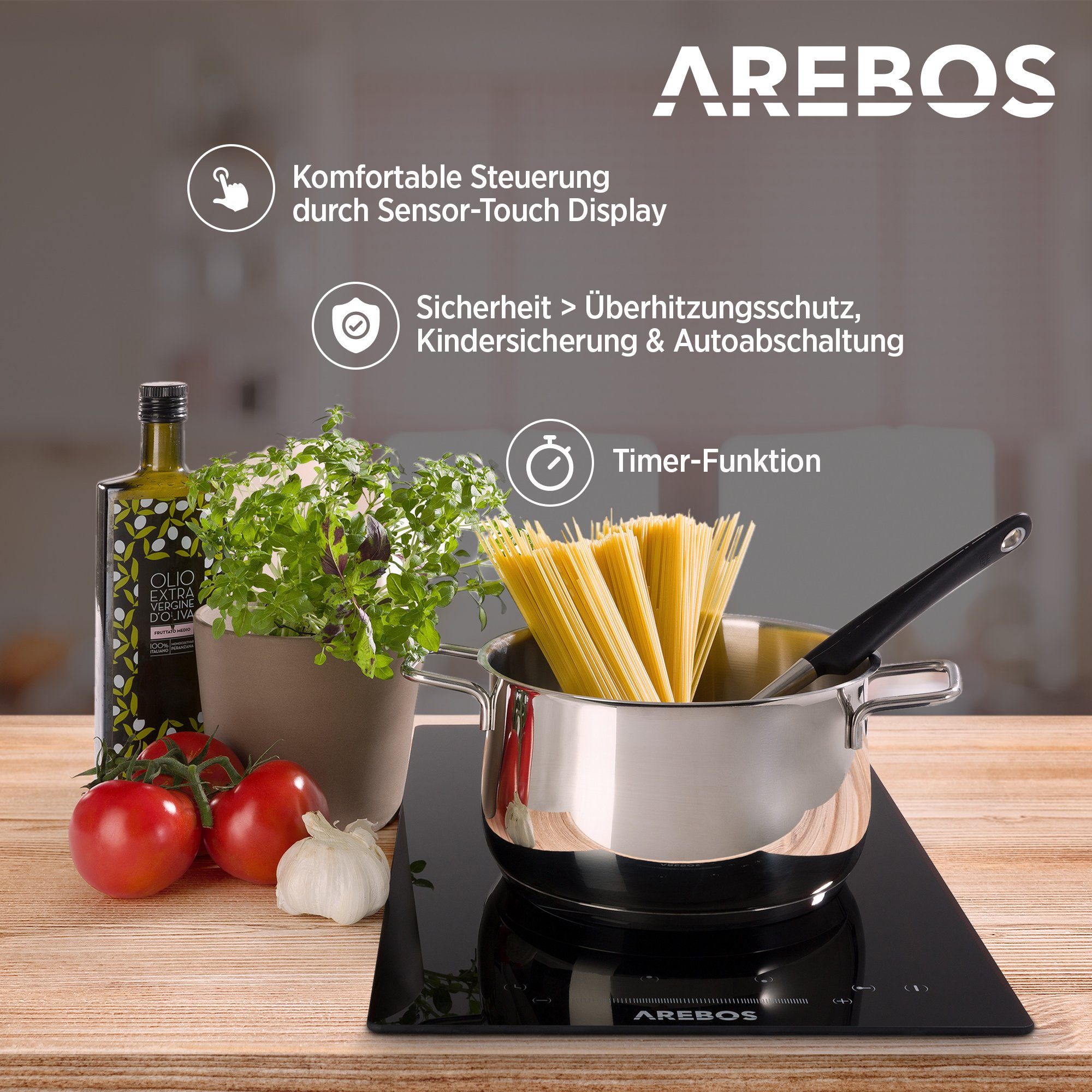 Arebos Elektro-Kochfeld Glaskeramik 3200W 2 Kochzonen 30 cm – Bild 2 von 5
