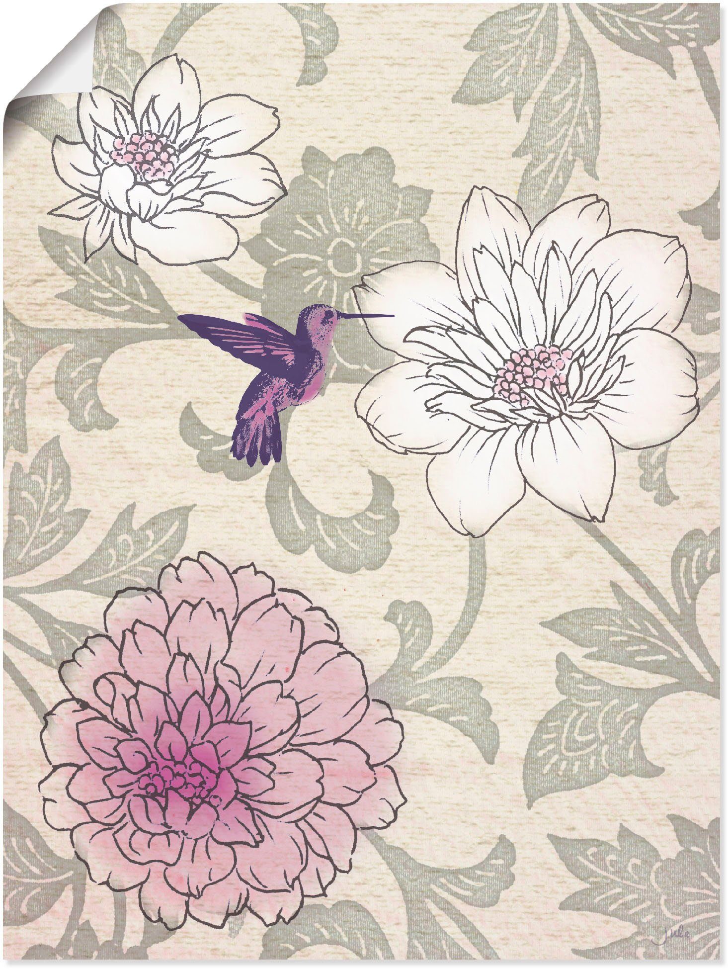 Poster Größen mit oder als Artland Wandbild Wandaufkleber versch. St), in Alubild, Kolibri, Leinwandbild, (1 Blumenmuster Blumen