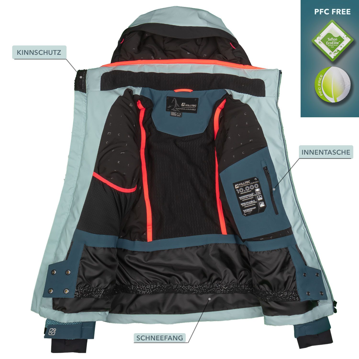 Killtec Skianzug Damen Skijacke hellblau + Skihose petrol (Größe 46), abnehmbare Hosenträger
