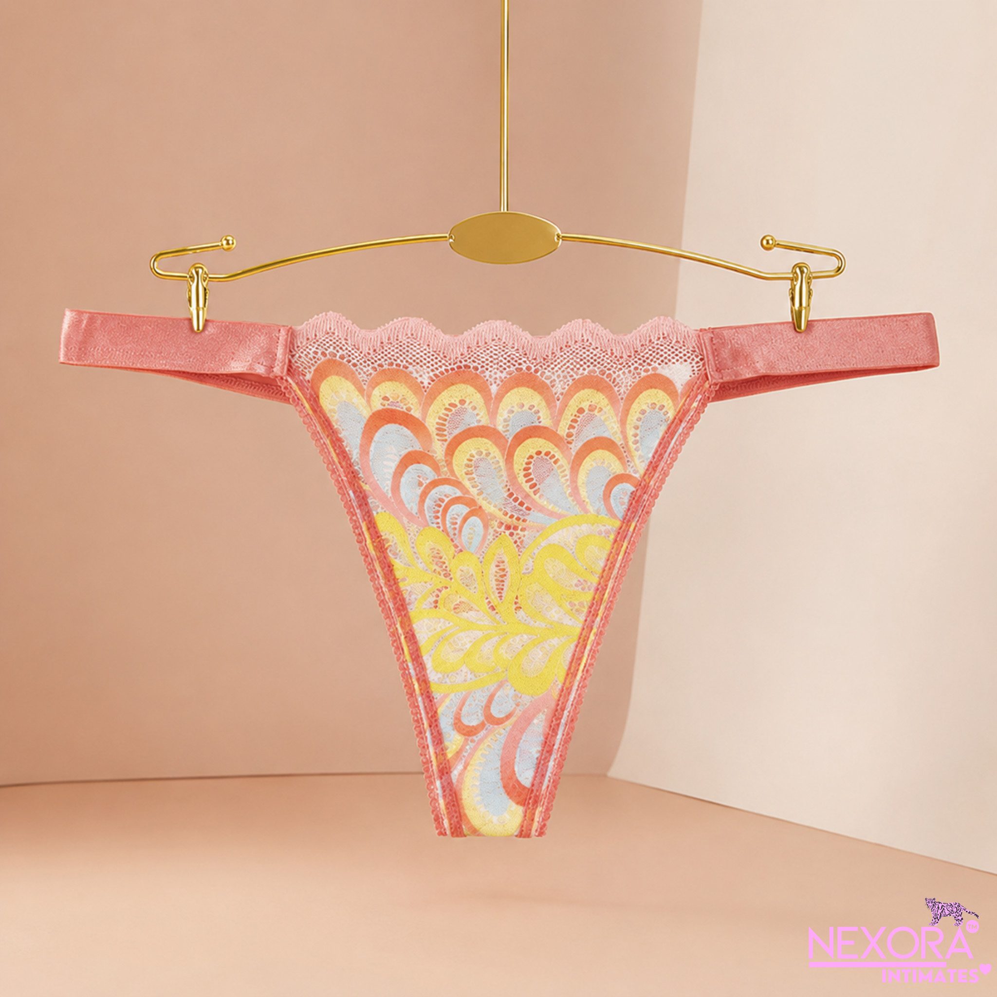 NEXORA INTIMATES™ String Damen String Tanga Koralle transparent mit Ornamentmuster und Spitze (Einzelartikel, 1-teilig) Mehrfarbiges Ornamentdesign auf transparentem Mesh