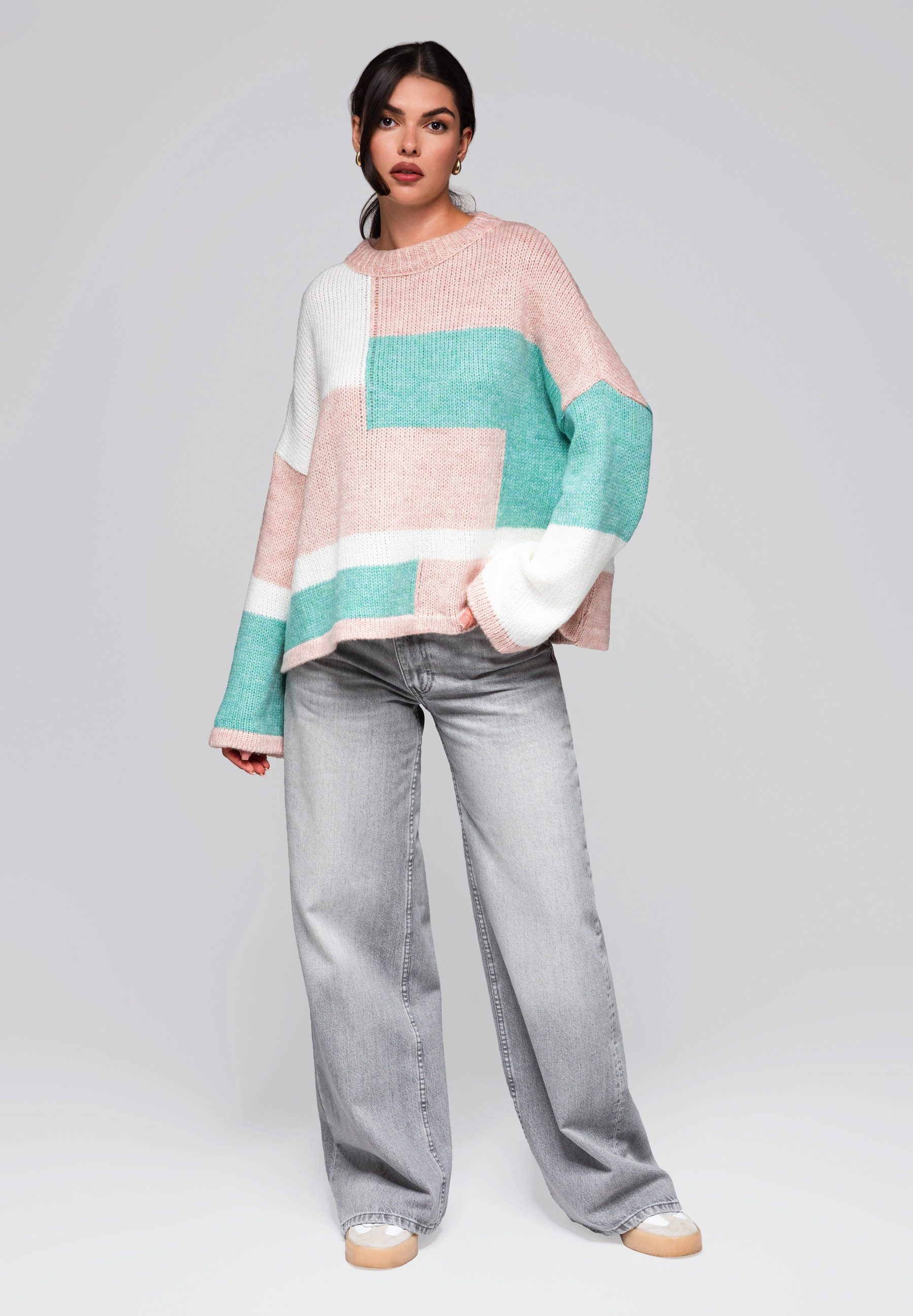 OMBRE Rundhalspullover Farbblock-Pullover mit Pastelltönen