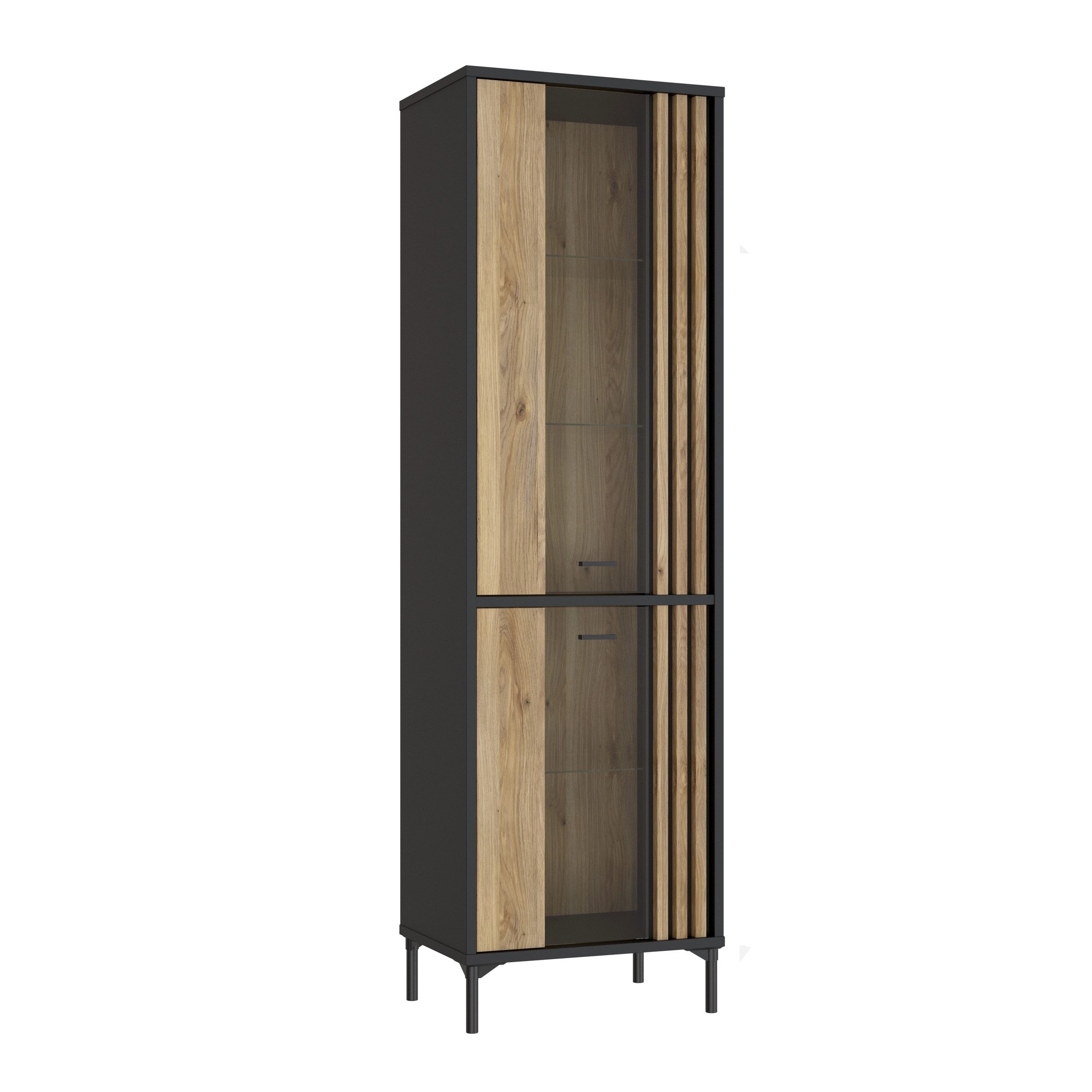freiraum Glasvitrine JOAKIMIS Lamelle, Mauvella Eiche Dekor / Schwarz - 59x197,4x41,5cm (BxHxT)