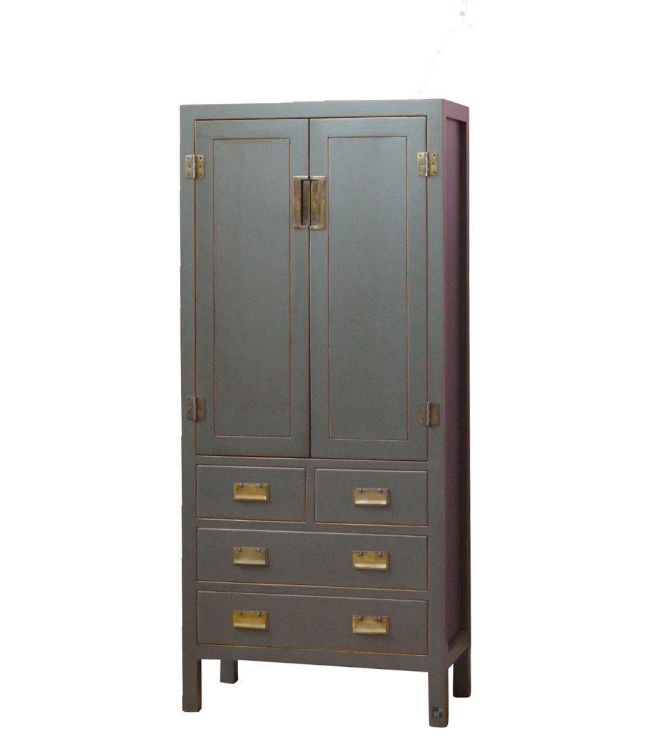 Kai Wiechmann Vorratsschrank Asiatischer Schrank Shanghai grau, Hochschrank, Mehrzweckschrank (zwei Regalböden, vier Schubladen) 75x170x40 cm, zweitürig, Massivholz, Shabby Chic