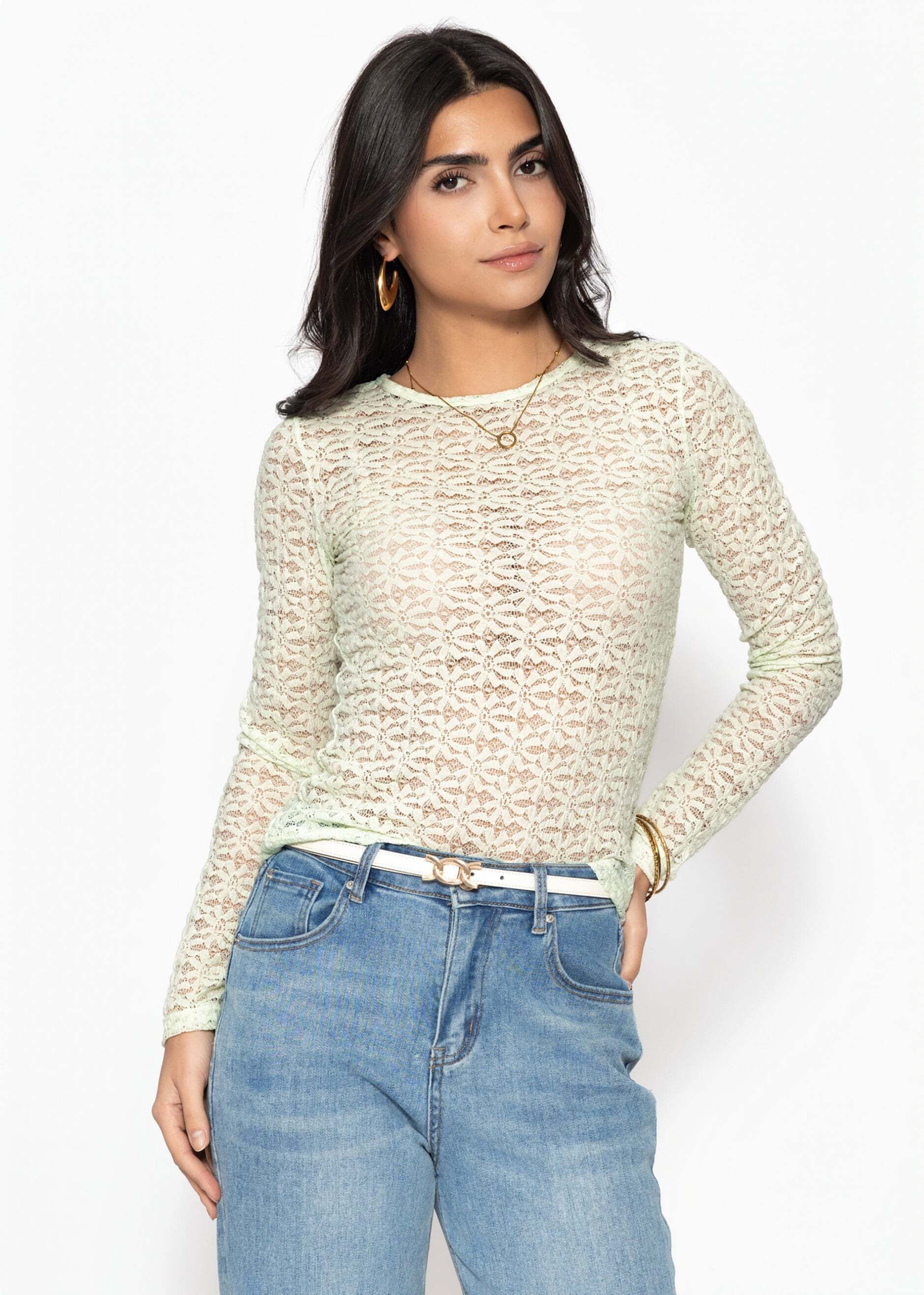 SASSYCLASSY Langarmshirt Langarmshirt aus floraler Spitze für Damen Leicht transparentes Top mit Rundhals in körpernahem Schnitt