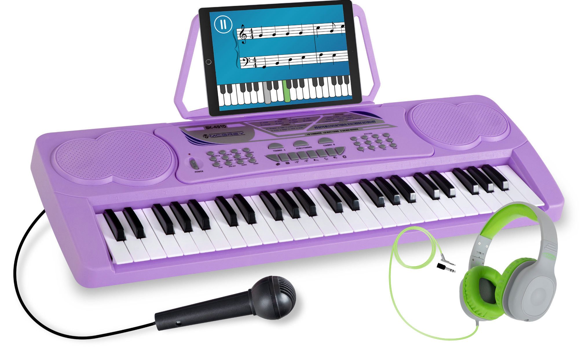 McGrey Home-Keyboard BK-4910 Einsteigerkeyboard mit 49 Tasten und Kinderkopfhörer (inkl. Mikrofon für Gesang und Notenständer), mit 16 Sounds, 10 Rhythmen und Lernfunktion