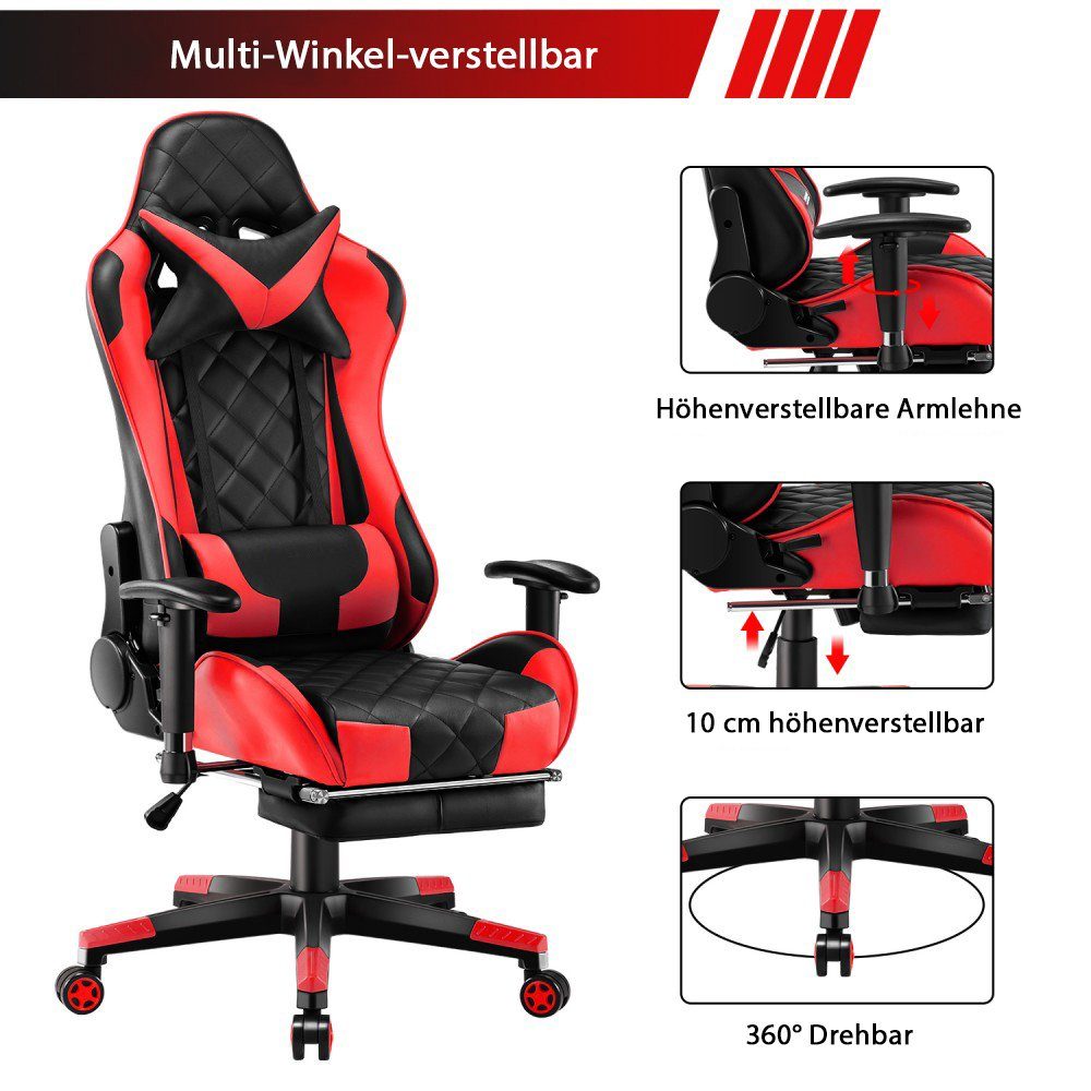 Mucola Gaming Chair Gamingstuhl 140kg Chefsessel 4fach verstellbare Armlehnen Fußstütze (Stück, 3 St), 4 fach verstellbare Armlehnen Fußstütze Nackenkissen