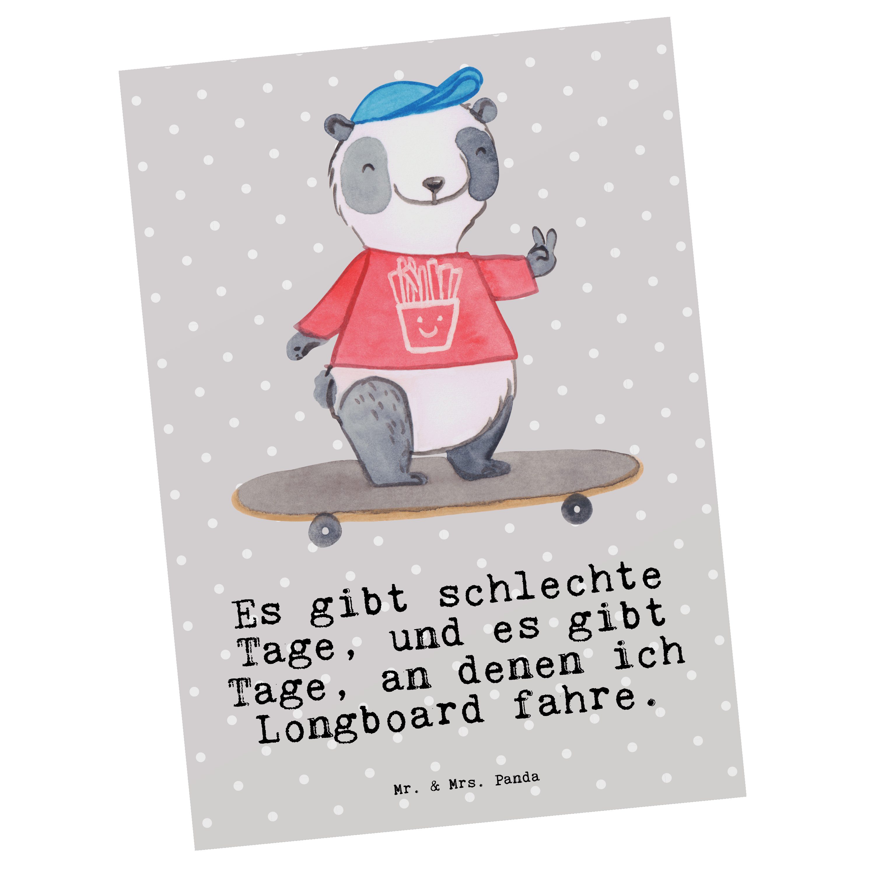 Mr. & Mrs. Panda Postkarte Panda Longboard fahren Tage - Grau Pastell - Geschenk, Grußkarte, Ges