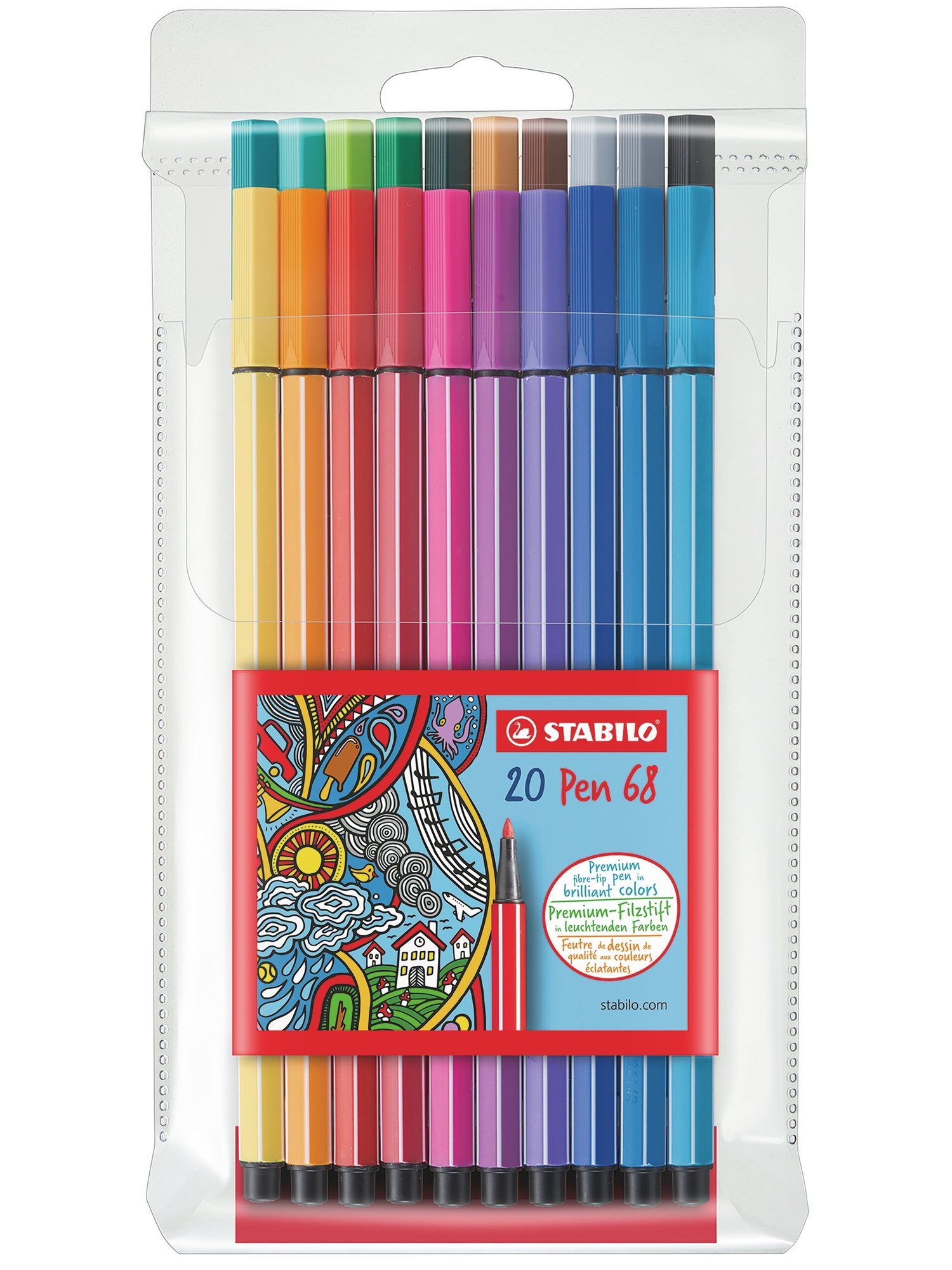 STABILO Faserstift Premium Filzstift 20er Set Pen 68 mit 1 mm Strichstärke, 24 Stunden Austrocknungsschutz ohne Kappe