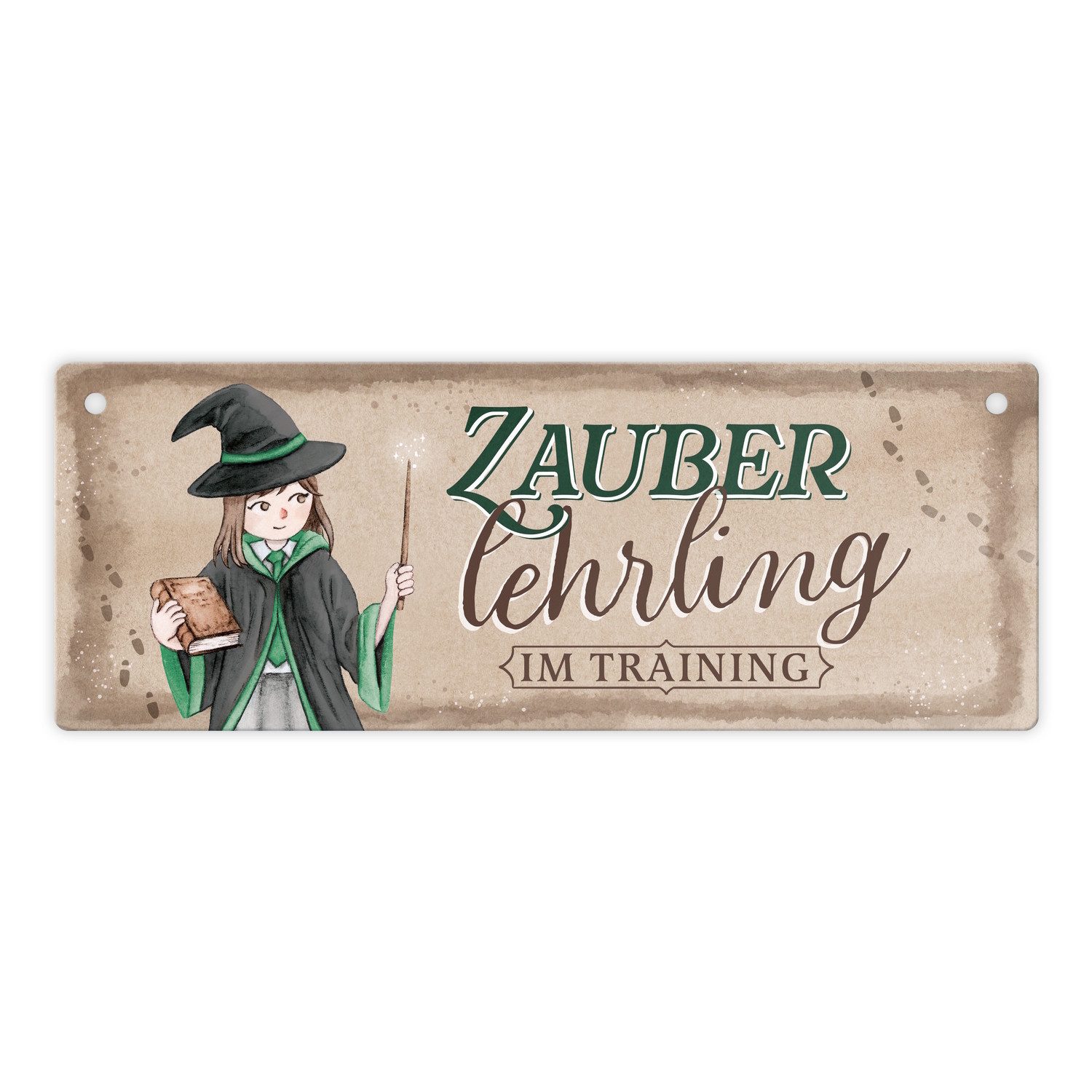 Metallschild Zauberlehrling im Training Metallschild mit Zauberschülerin in grün