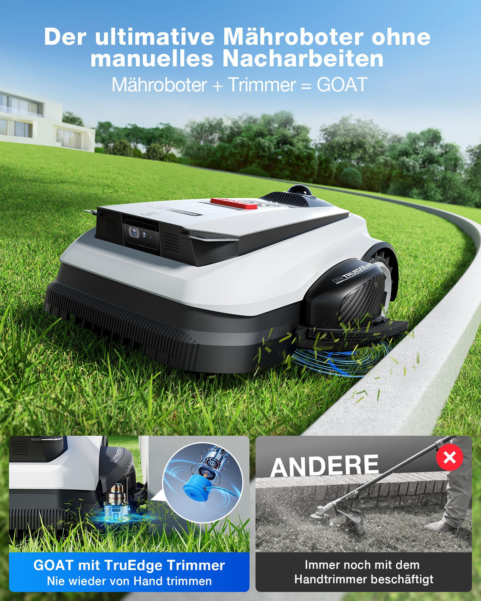 ECOVACS Rasenmähroboter GOAT A1600 LiDAR PRO, bis 1600 m² Rasenfläche, (Mäheffizienz von 400 m²/h, Trimmer (8500 rpm), Dual-LiDAR Navigation, leistungsstarker 32-V Energieplattform