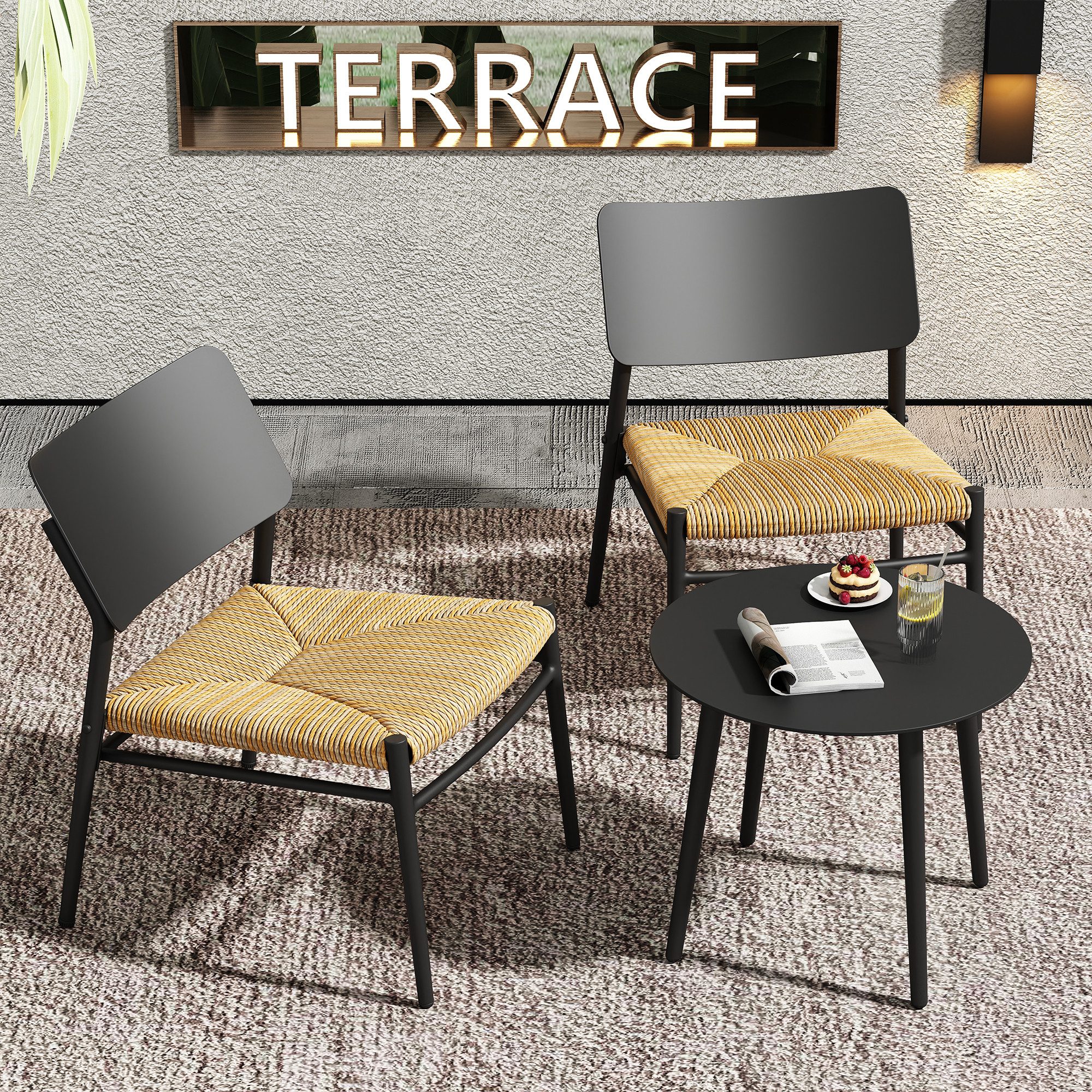 Sitzgruppe, (3-tlg., Gartenmöbel-Set mit Couchtisch und 2 Stühlen), Sitzgarnitur aus Aluminium, Sitze aus Polyrattan, für Balkon Terrasse