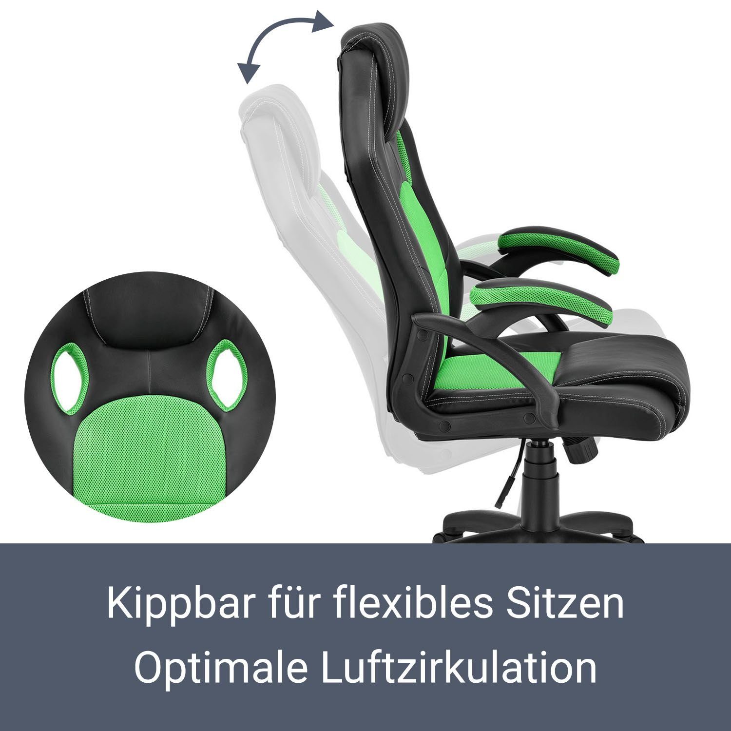 kippbar Montreal, Sitzfläche, Juskys Rückenlehne und Schwarz, Grün Sitzfläche Ergonomisch Gaming-Stuhl geformte