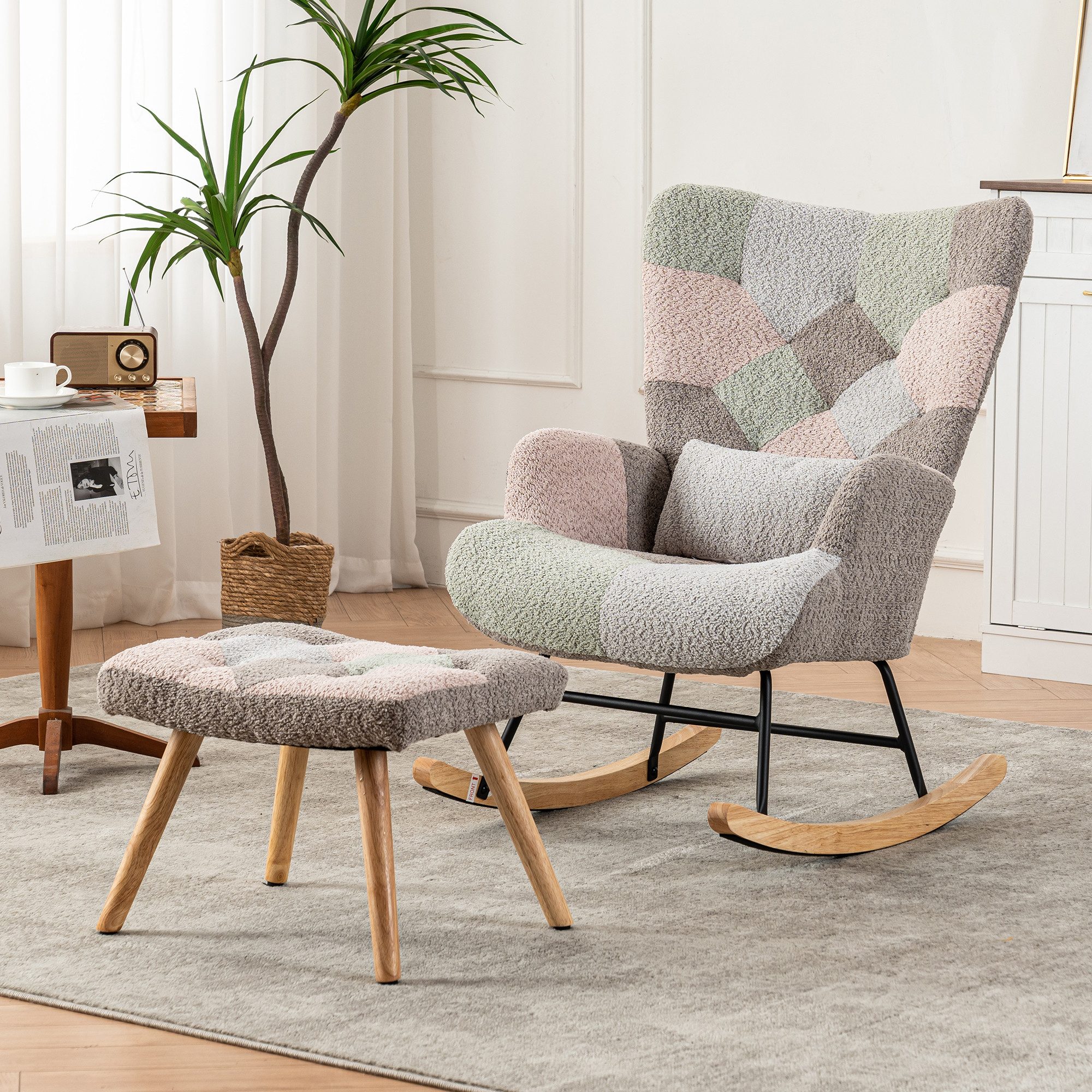 KLAM HOME Schaukelstuhl Schaukelstuhl mit Lendenkissen und Fußstütze(49*38*37 cm) (Loungesessel Schaukelstuhl mit hoher Rückenlehne,mehrfarbiges Design), Relaxsessel Freizeitstuhl, stabiles Gestell aus Gummibaumholz